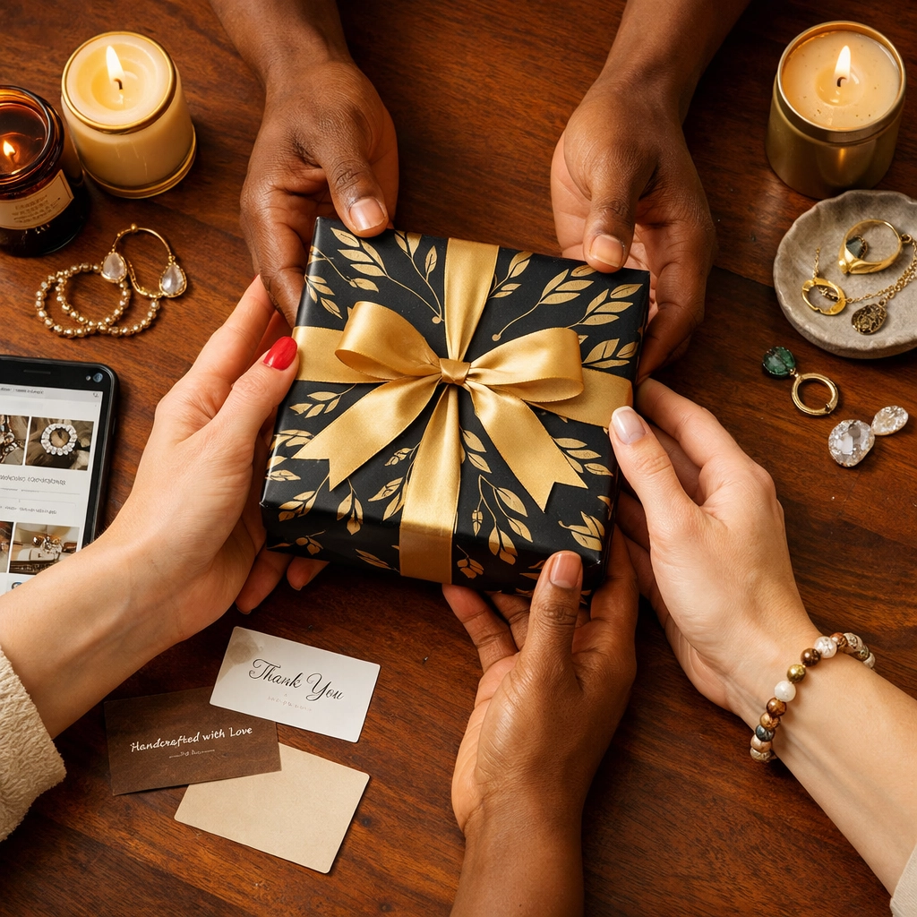 The Ultimate Guide to #BuyBlack: Everything You Need to Support Black-Owned Businesses in 2026 Hands exchanging gifts with Black-owned products including candles and jewelry on wooden table