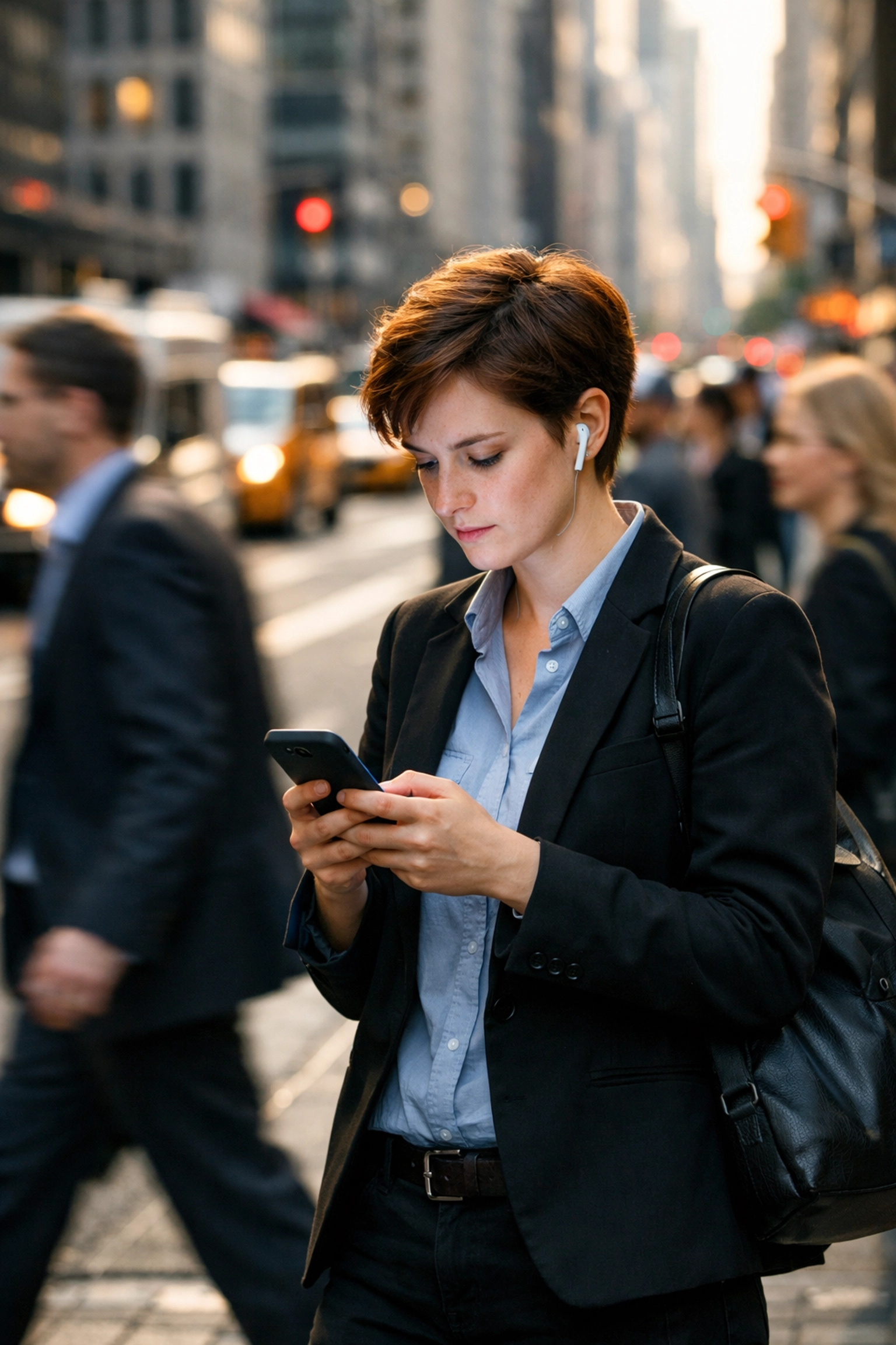 A professional checking Bitcoin price alerts and crypto news on a smartphone during a city commute.