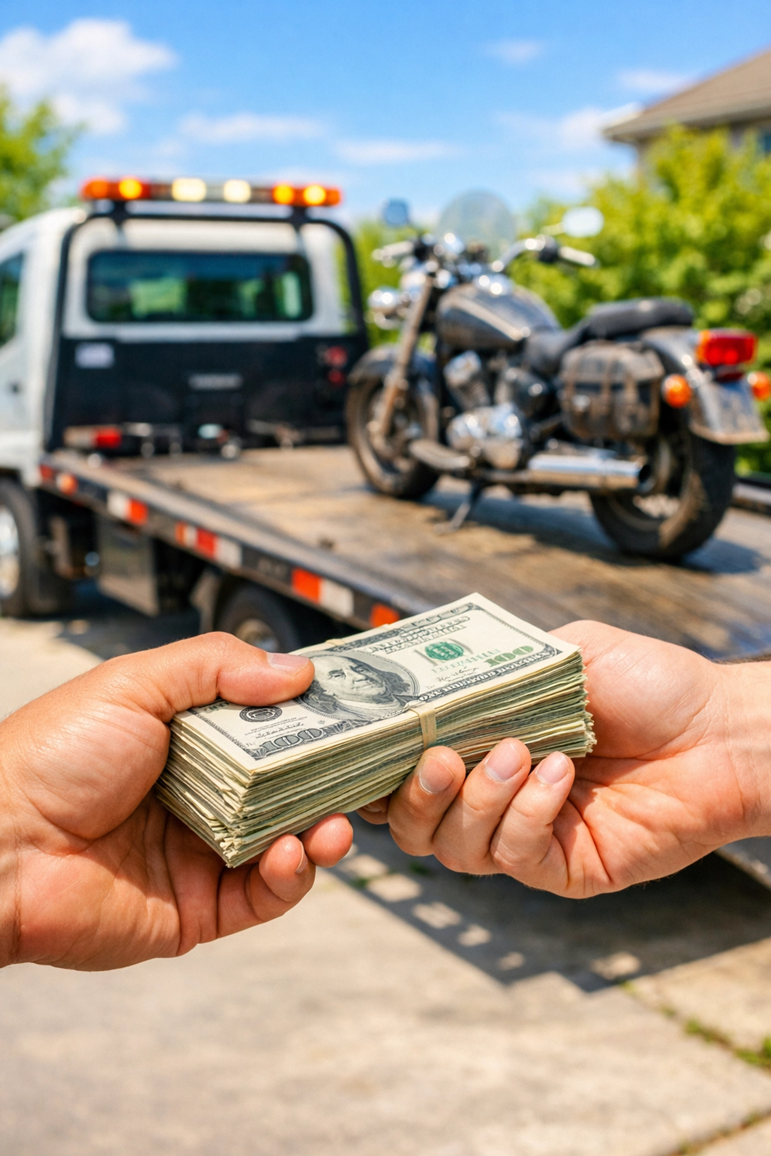 Selling a motorcycle for cash with a professional flatbed tow truck for easy pickup.