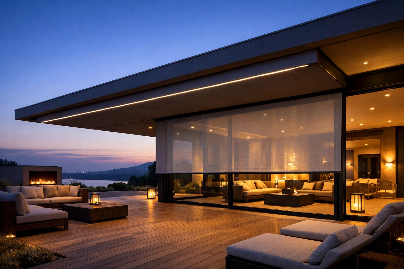 Architektur-Außenansicht einer Terrasse mit Markise Wien und vertikalem Zip Screen.