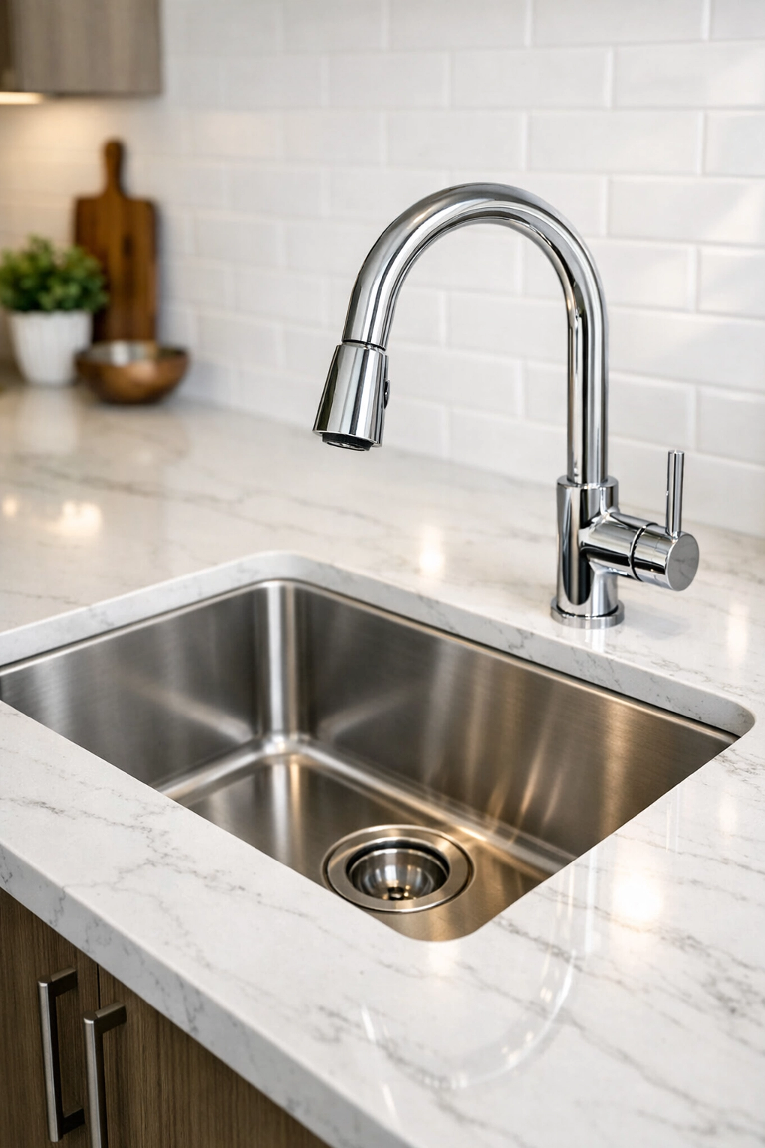 Sparkling clean stainless steel sink and quartz countertop in a modern Indianapolis rental unit.