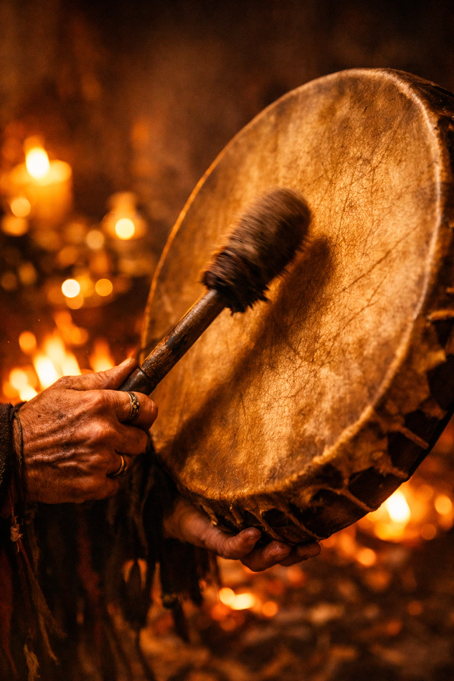 Hands playing traditional shamanic drum during spiritual journey ceremony Hands playing traditional shamanic drum during spiritual journey ceremony