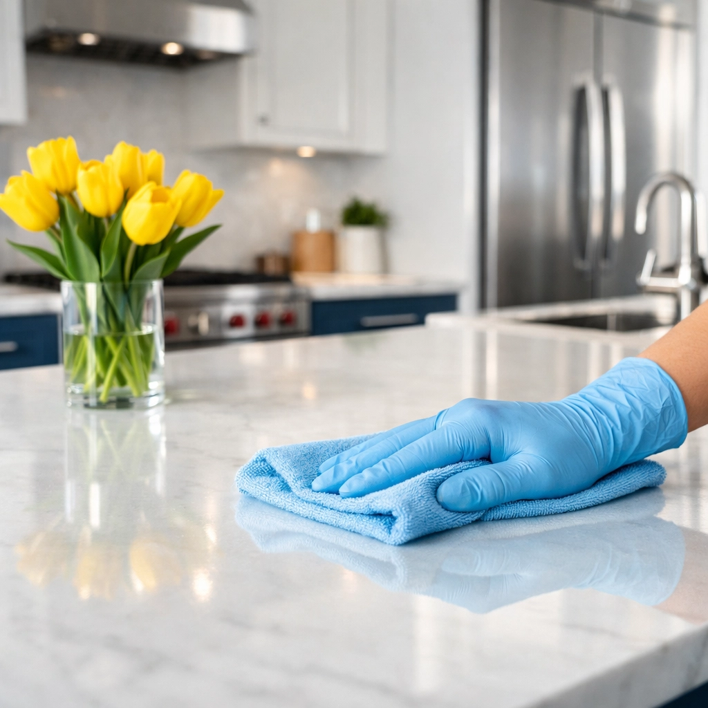Professional cleaner wiping a marble countertop during a weekly house cleaning maintenance visit.