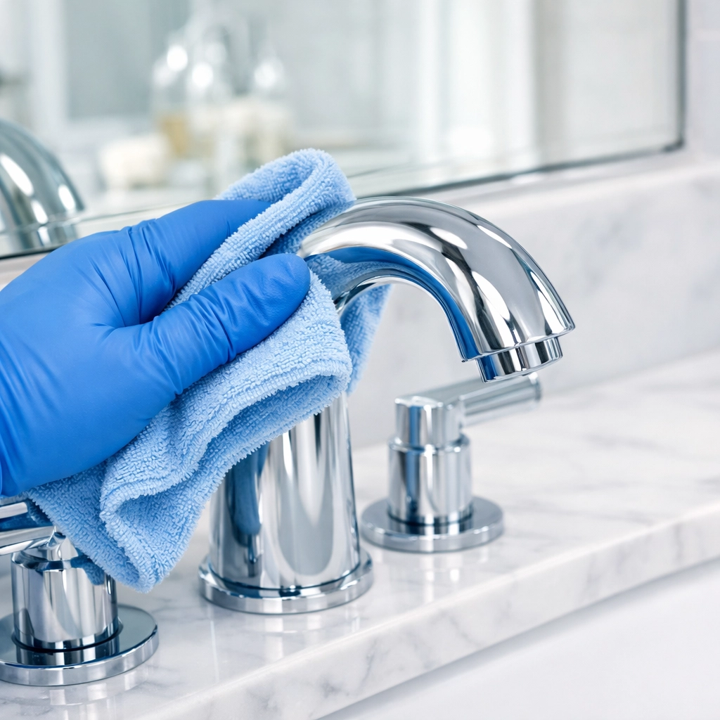 Detailed cleaning of a chrome bathroom faucet to remove residue after construction in Southborough.