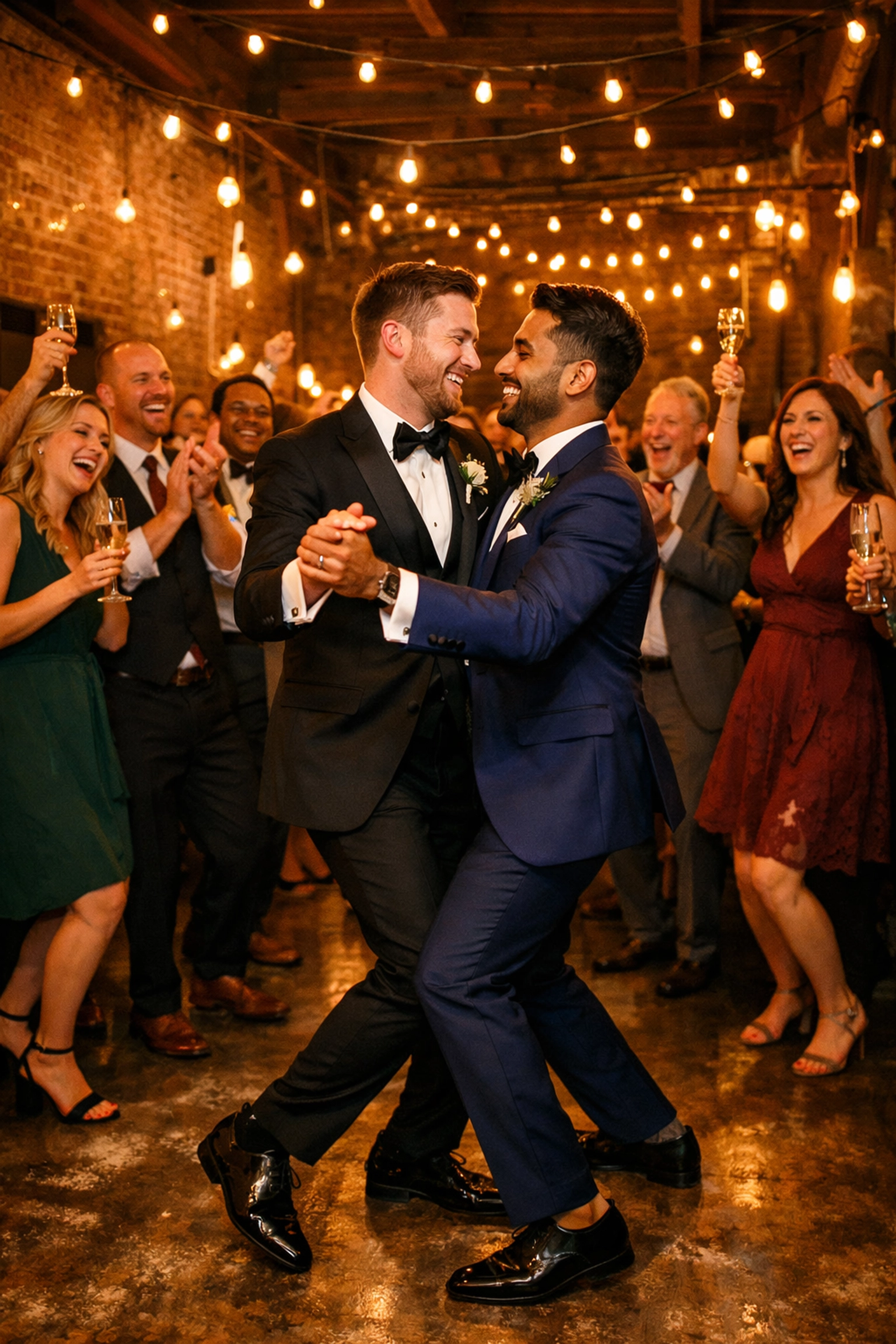 Two grooms dancing at their wedding reception celebration in Stockholm