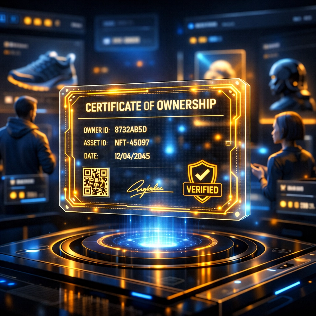 Secure holographic NFT receipt showing verified digital ownership for products in a Metaverse marketplace.