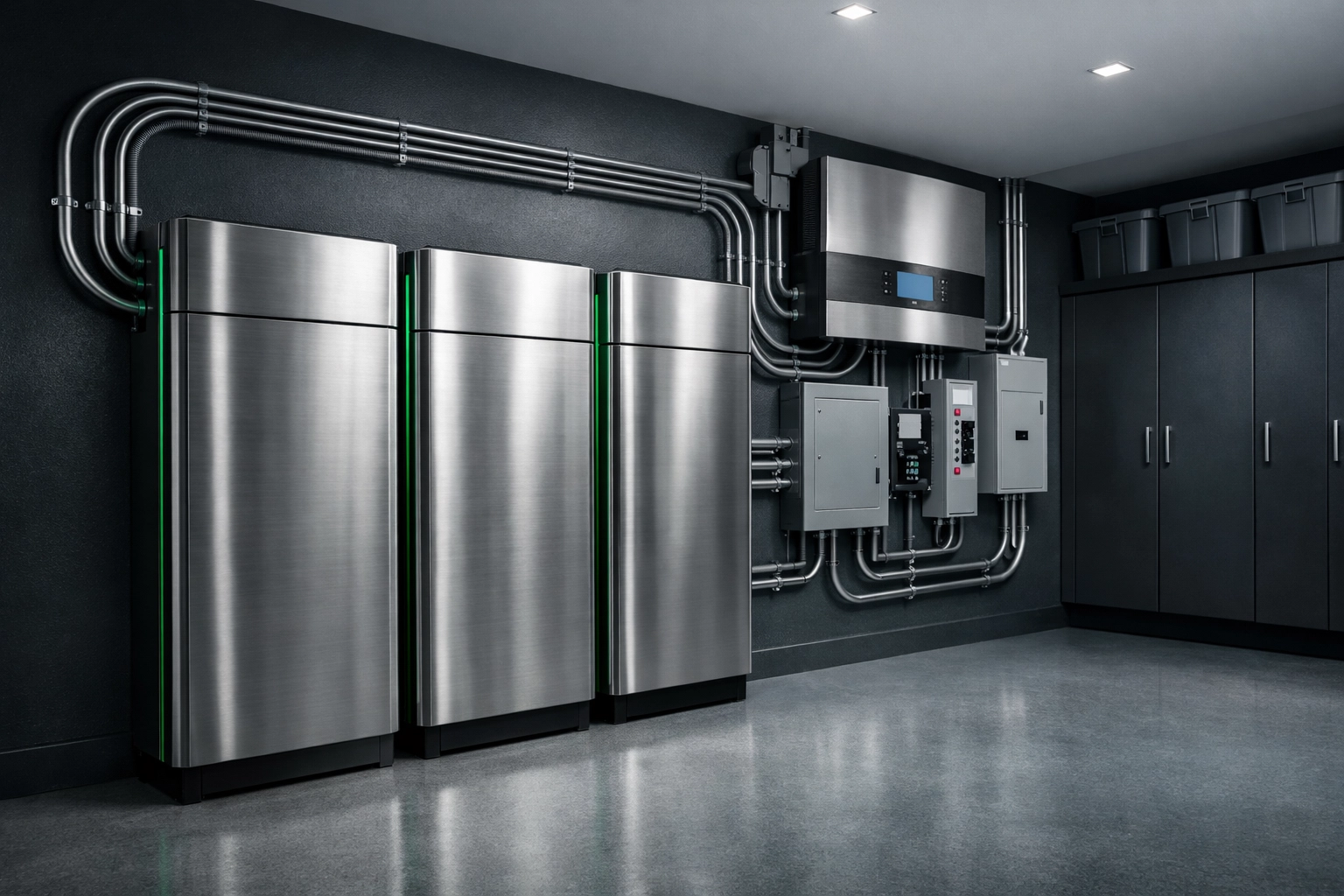 Professional installation of a modular solar battery energy storage system in a clean residential garage.