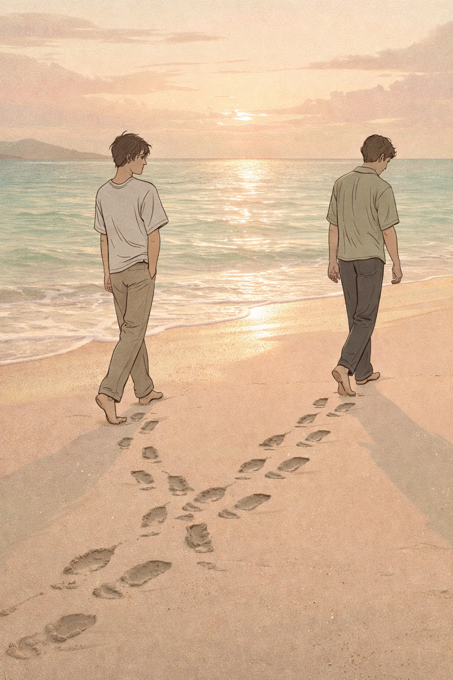 Male silhouettes walk in opposite directions on a dawn beach, their shared footprints symbolizing love and heartbreak in this LGBTQ+ novel.