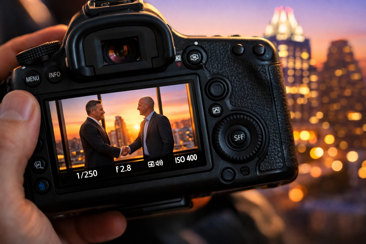 Business event photography showing a professional handshake captured against the iconic Austin skyline.