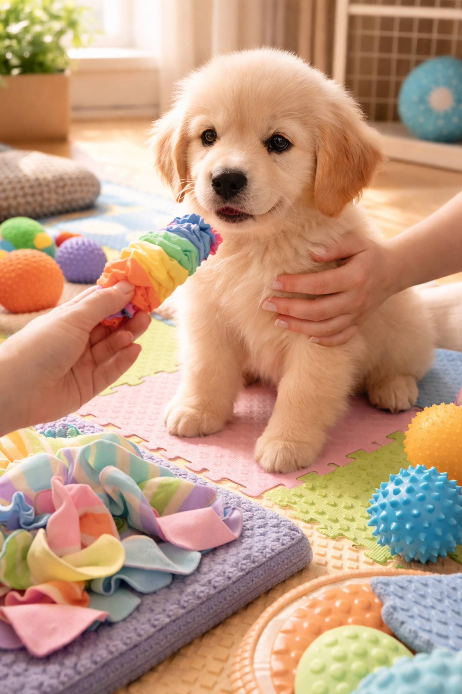 Golden Retriever puppy being gently socialized with toys and textures in a cozy Portland area puppy room