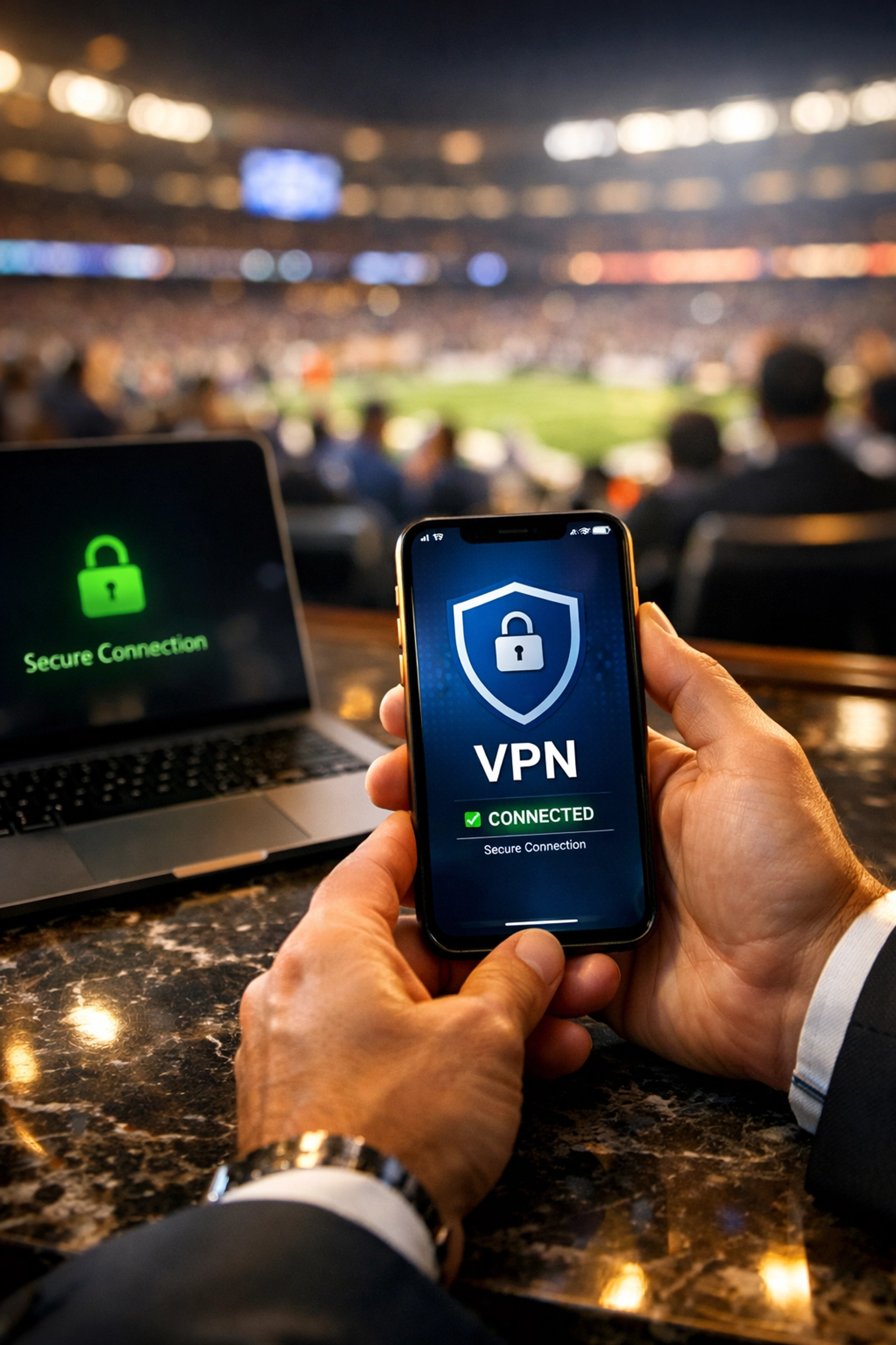 Executive using secure VPN connection on smartphone at major sporting event venue