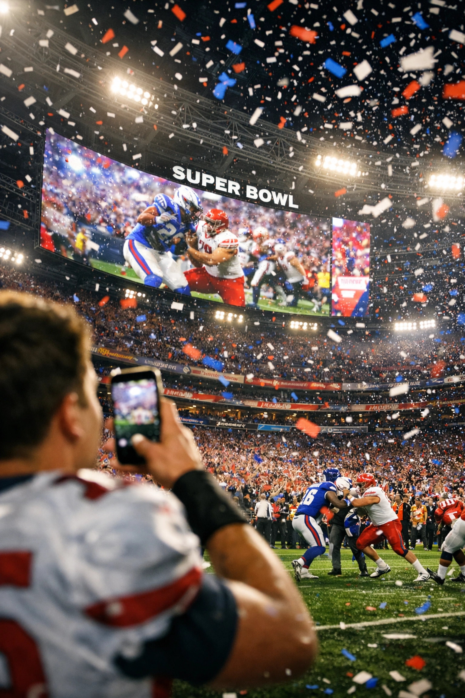 Super Bowl stadium packed with fans as athlete captures NIL marketing moment on smartphone