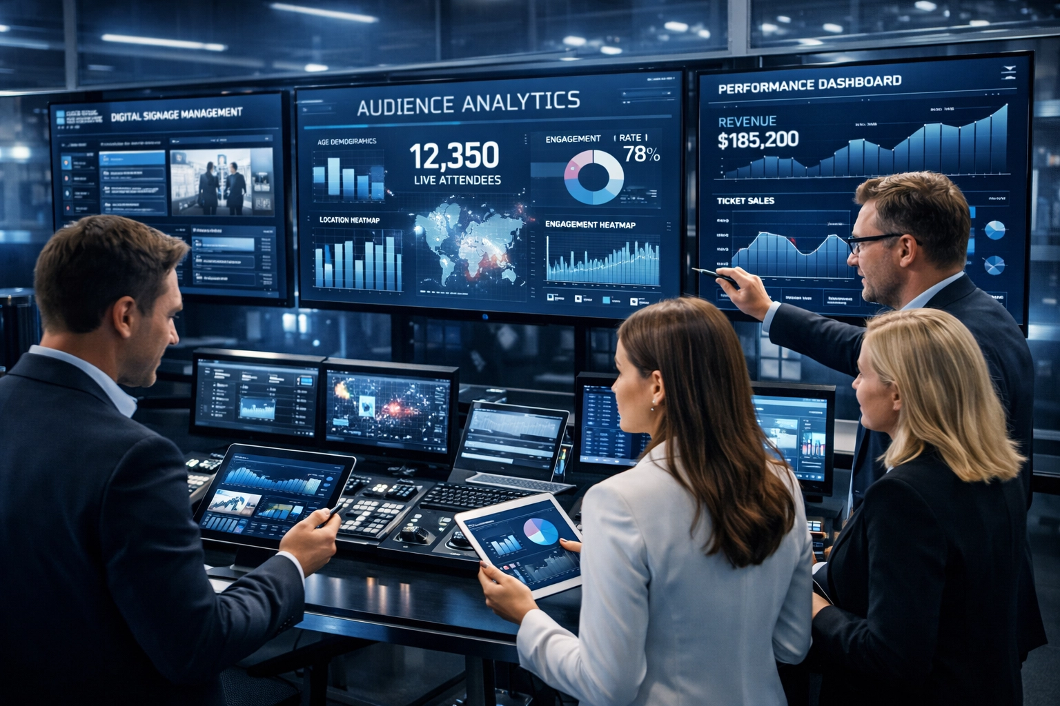 Marketing team analyzing real-time advertising performance data in venue control room