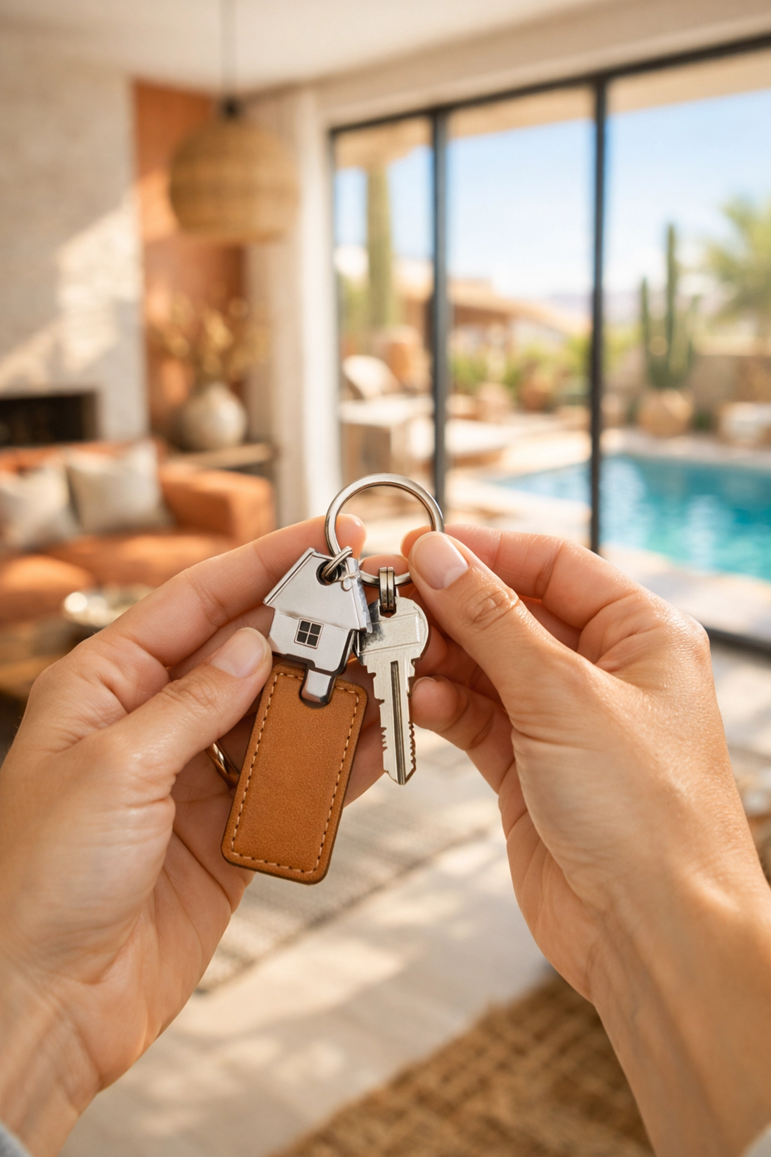 First-time home buyer holding keys inside a sun-drenched, modern Phoenix living room.