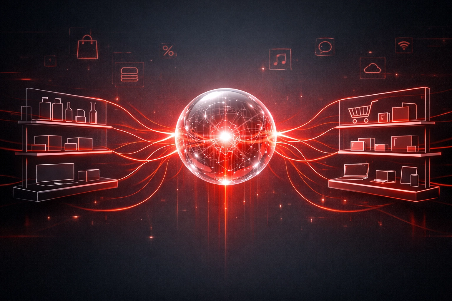 Central AI core automating product discovery and purchase execution in an agentic commerce marketplace.