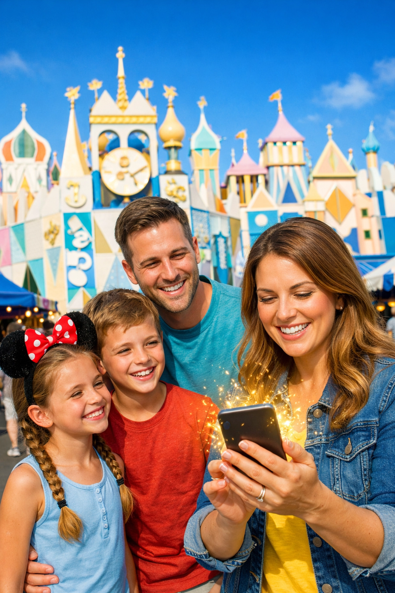 Family in Magic Kingdom's Fantasyland using the Disney app to manage Lightning Lane selections.