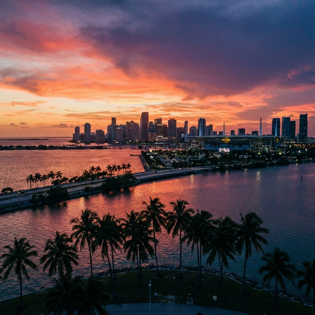 Aerial view of Miami skyline at sunset with football stadium, highlighting potential Hurricanes connection