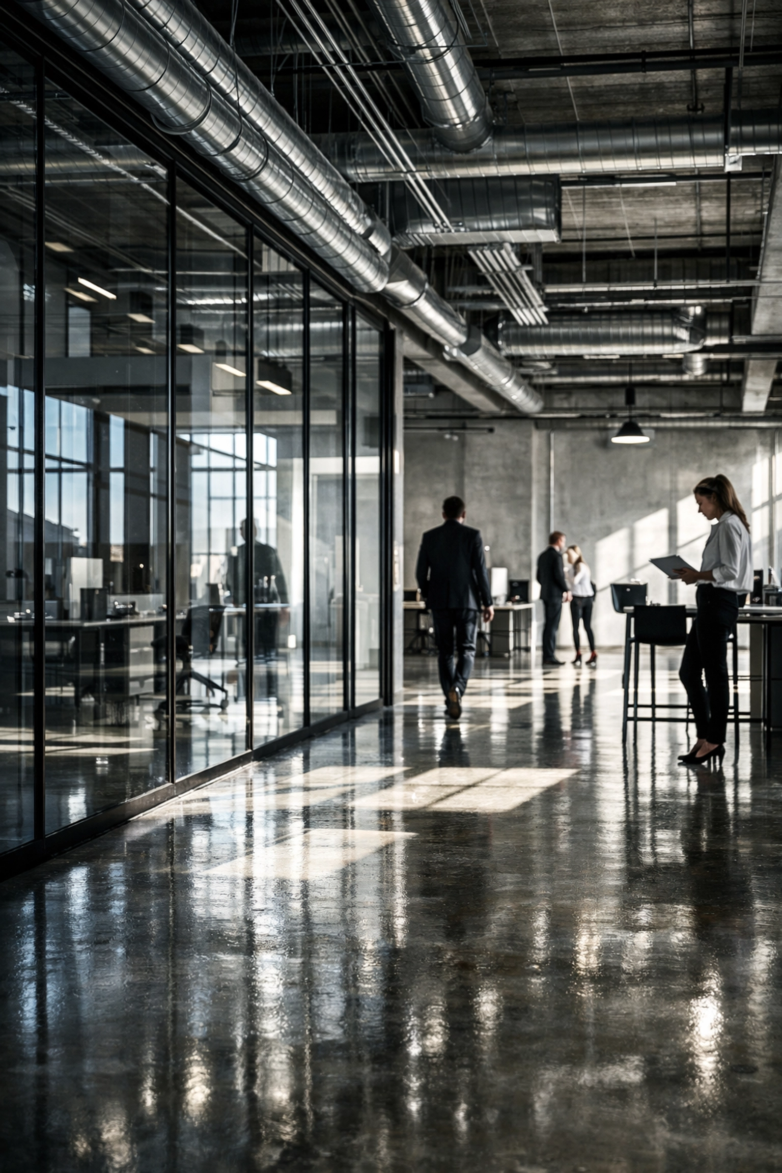 Modern open-plan office with glass walls and concrete floors highlighting excessive noise reverberation issues.