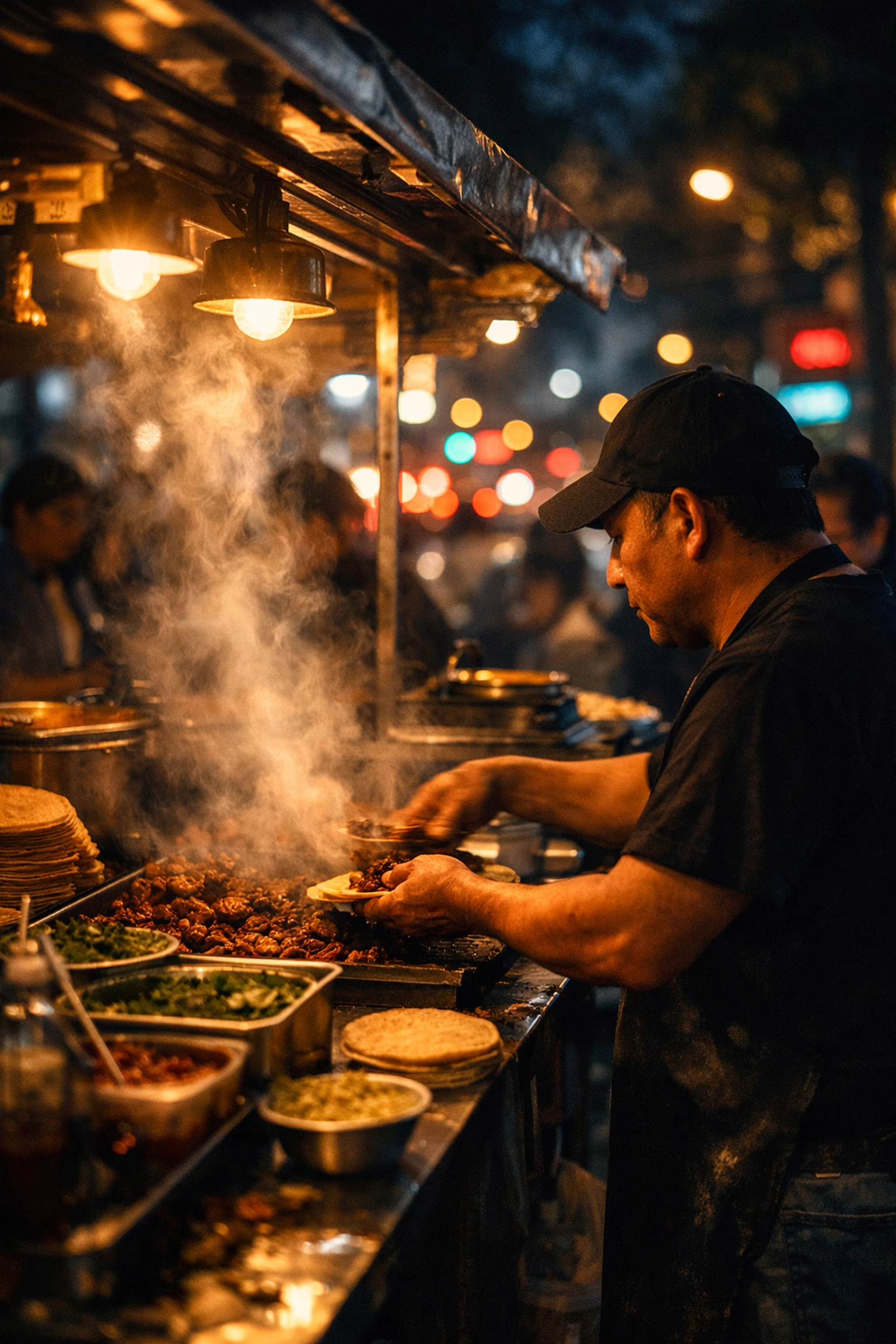 Atmospheric night street photography of a Mexico City taco stand, a prime photo spot for foodies.