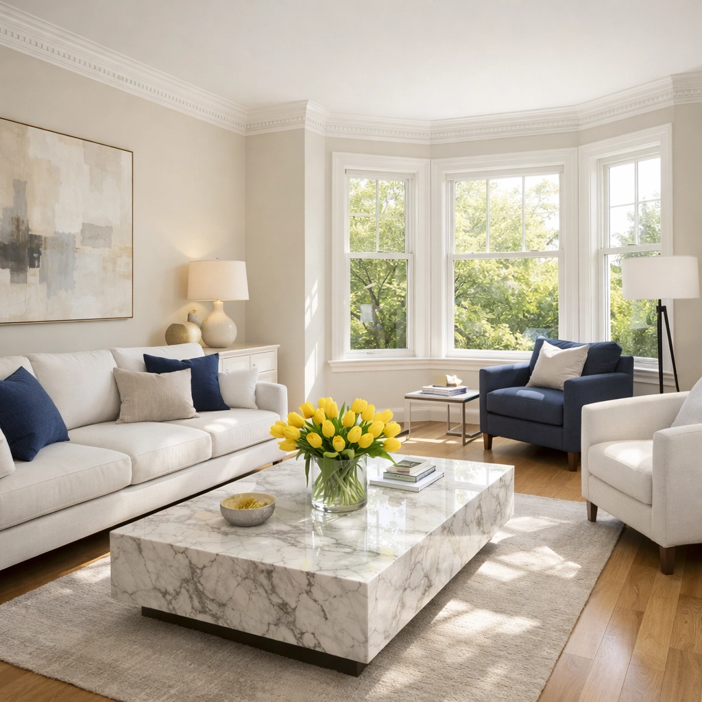 Sun-drenched Larchwood living room with spotless hardwood floors from a deep cleaning in West Cambridge.