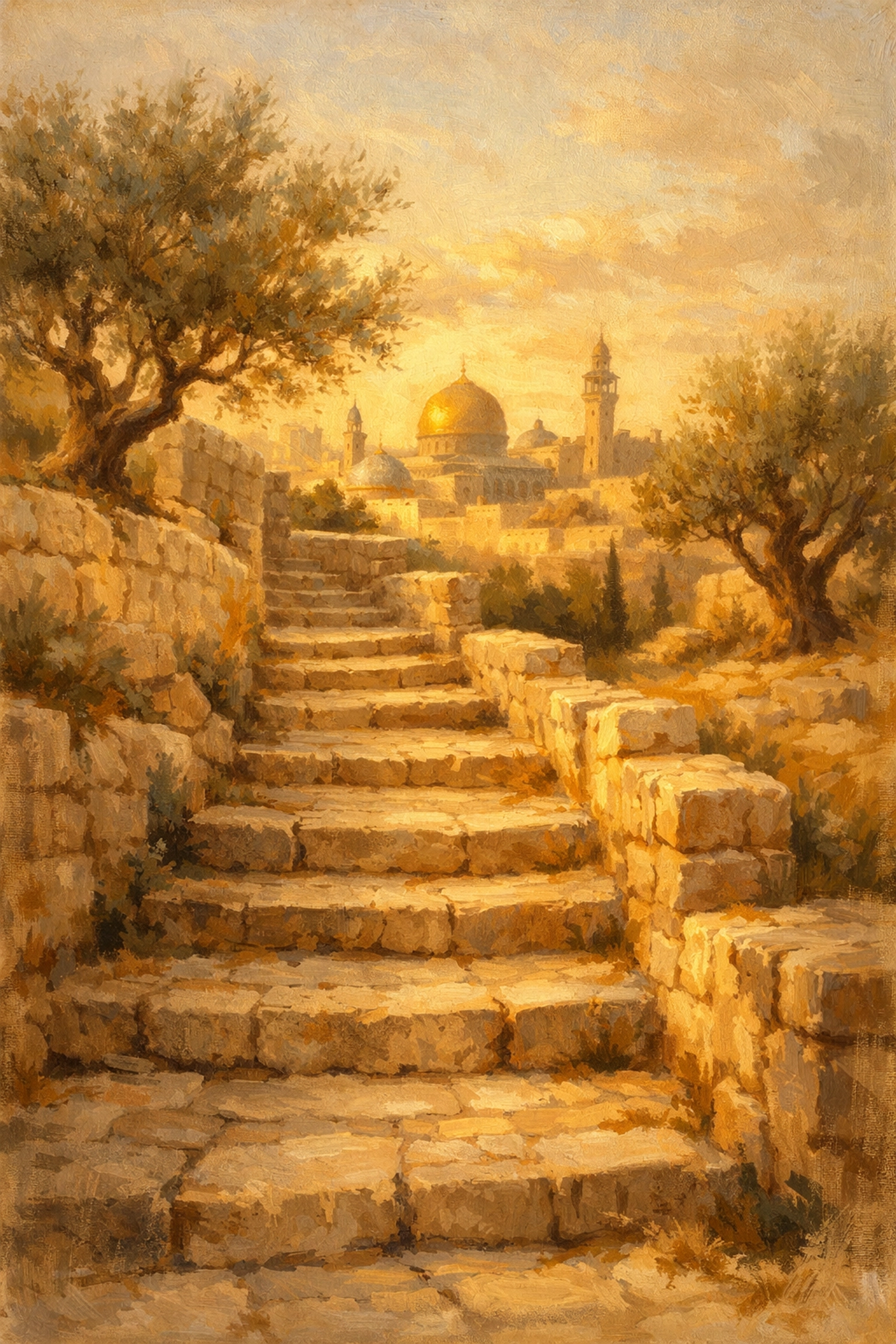 Ancient stone pilgrimage pathway in Jerusalem leading upward through historic landscape