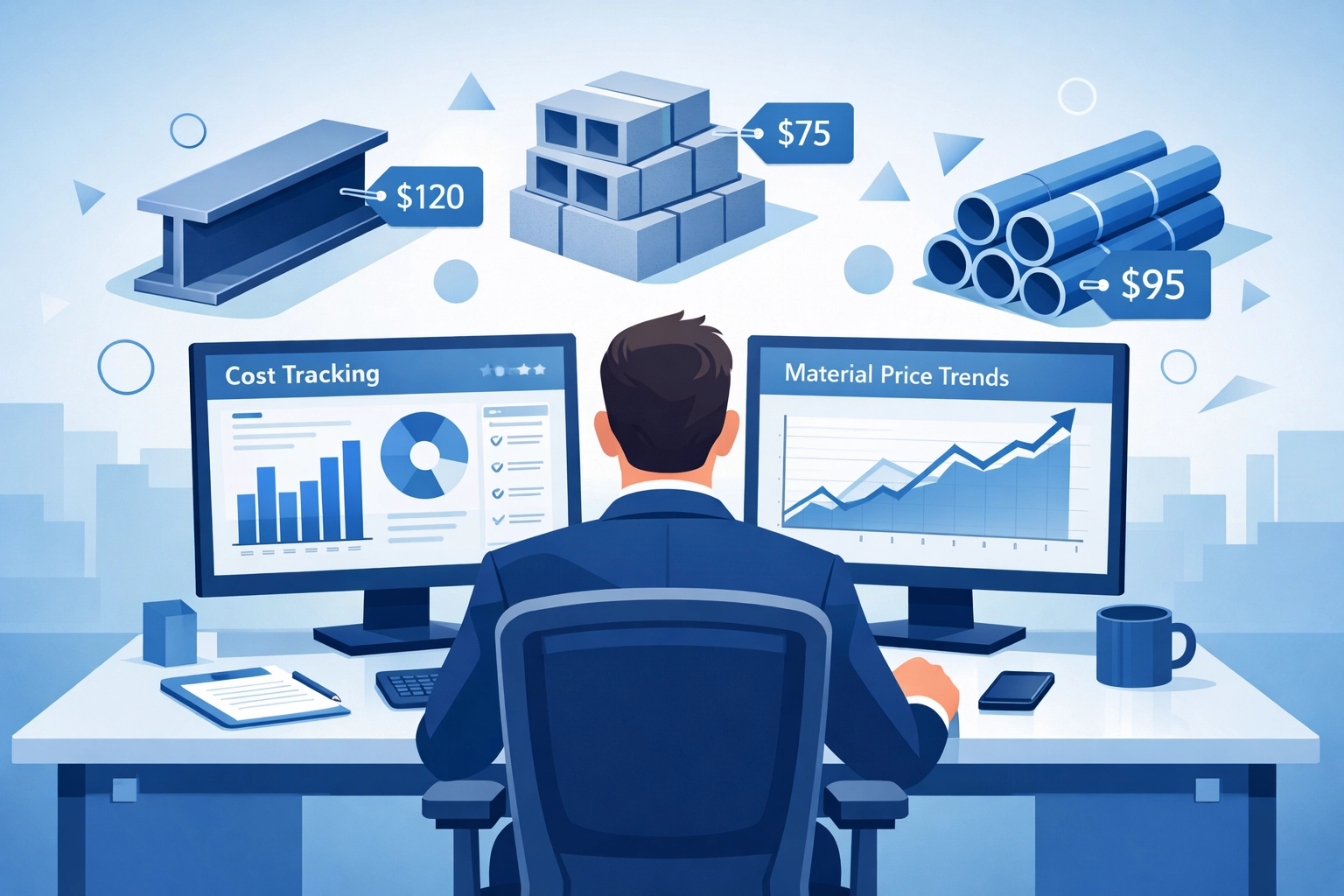 Procurement manager monitoring material costs and price trends on digital tracking dashboard