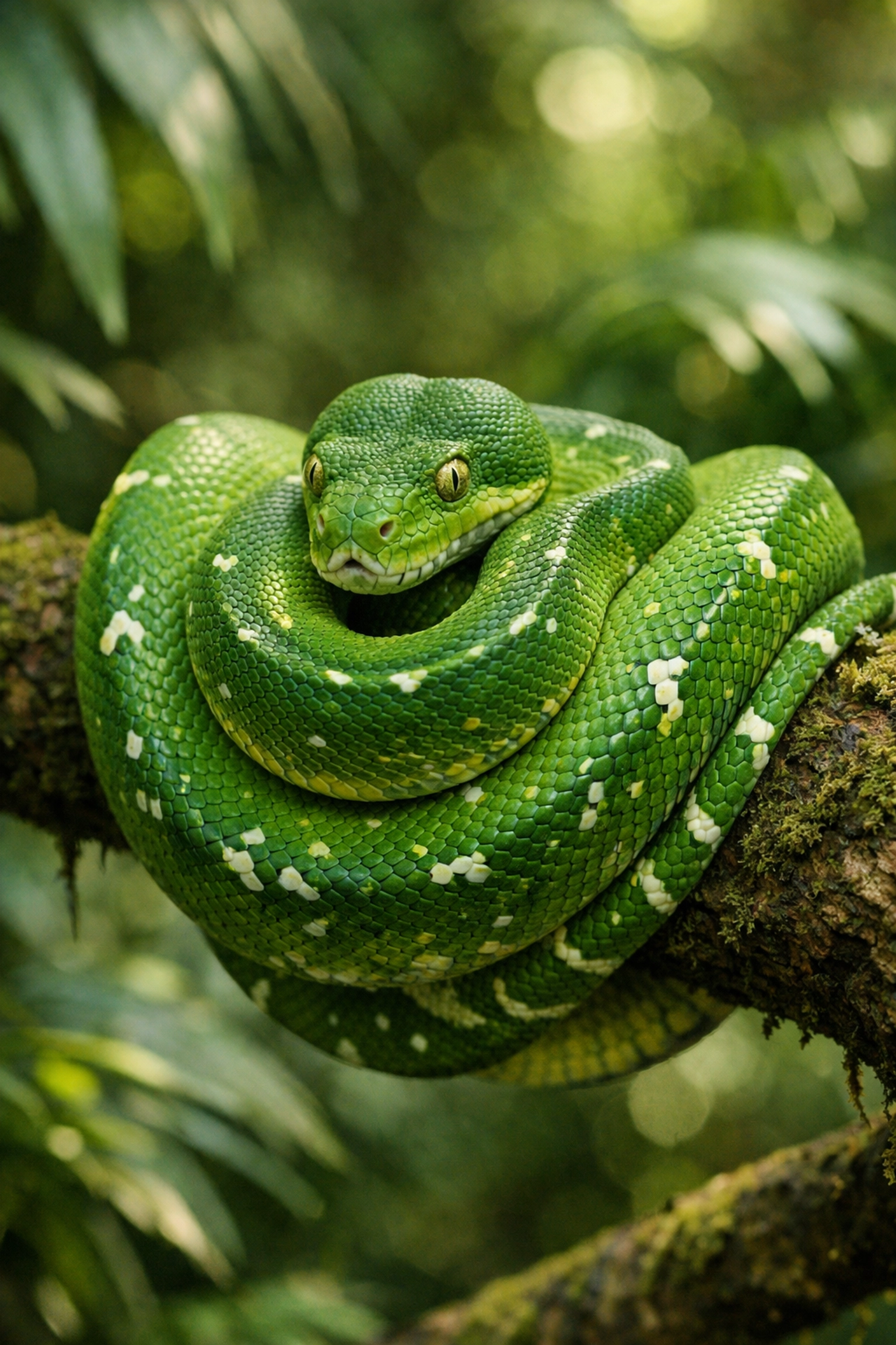 Green tree python in lush natural habitat showing effective reptile wildlife photography