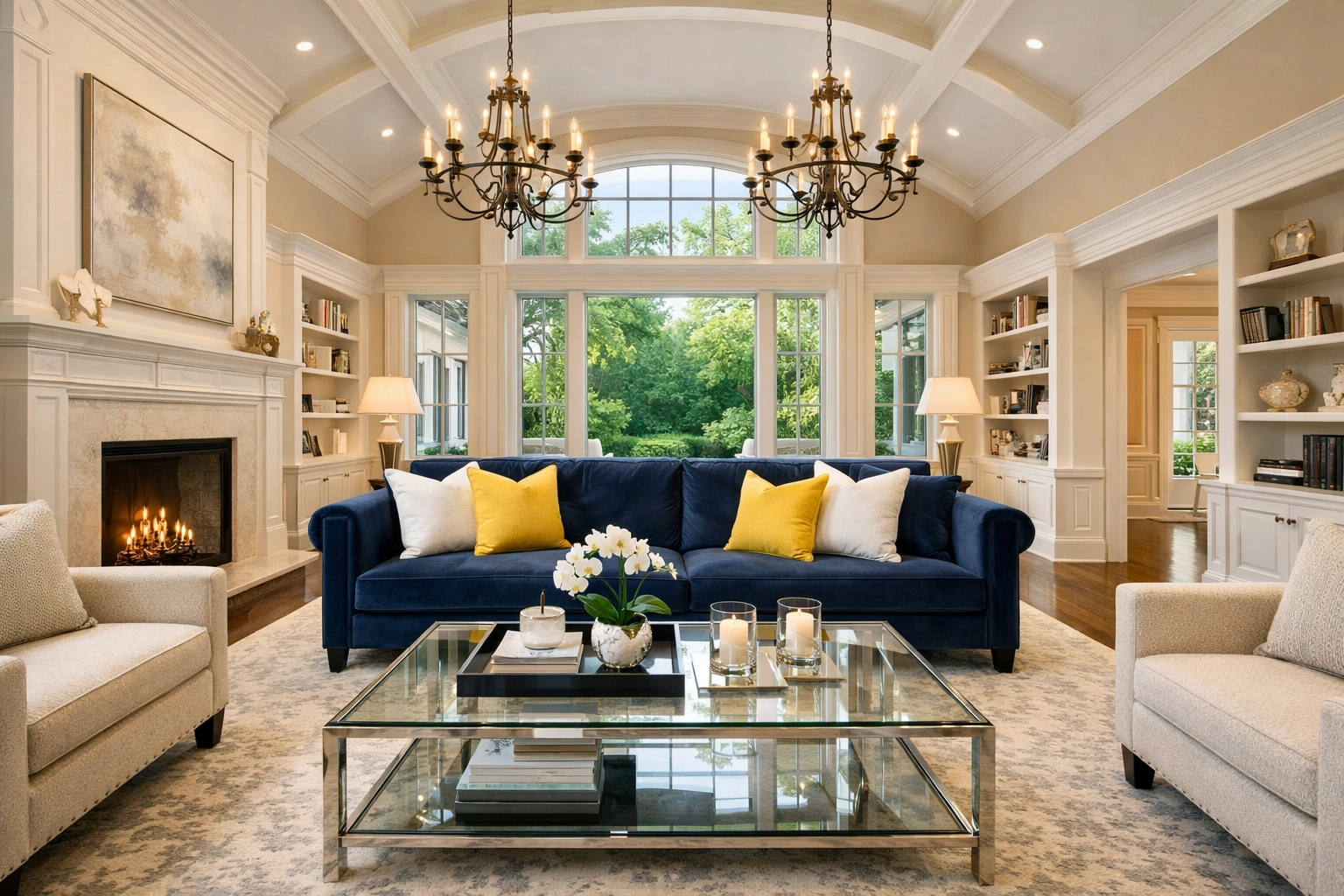 A perfectly clean and dust-free luxury living room in Newton after professional deep cleaning in Massachusetts.