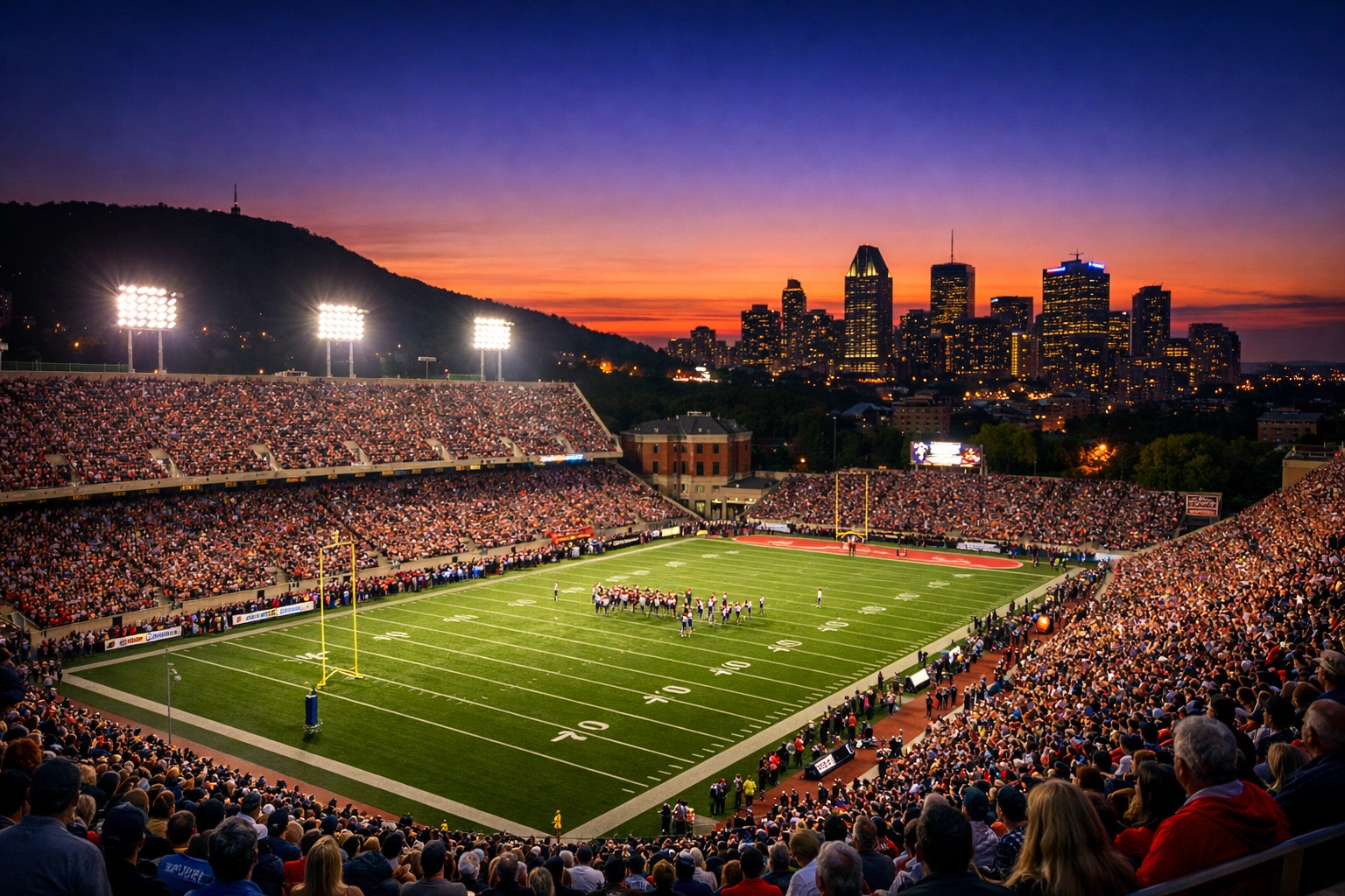 Fans at Percival Molson Stadium in Montreal cheering during a sunset Alouettes home game.