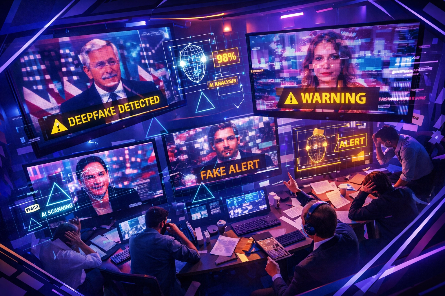 Political campaign war room monitors displaying deepfake detection and AI threat analysis systems