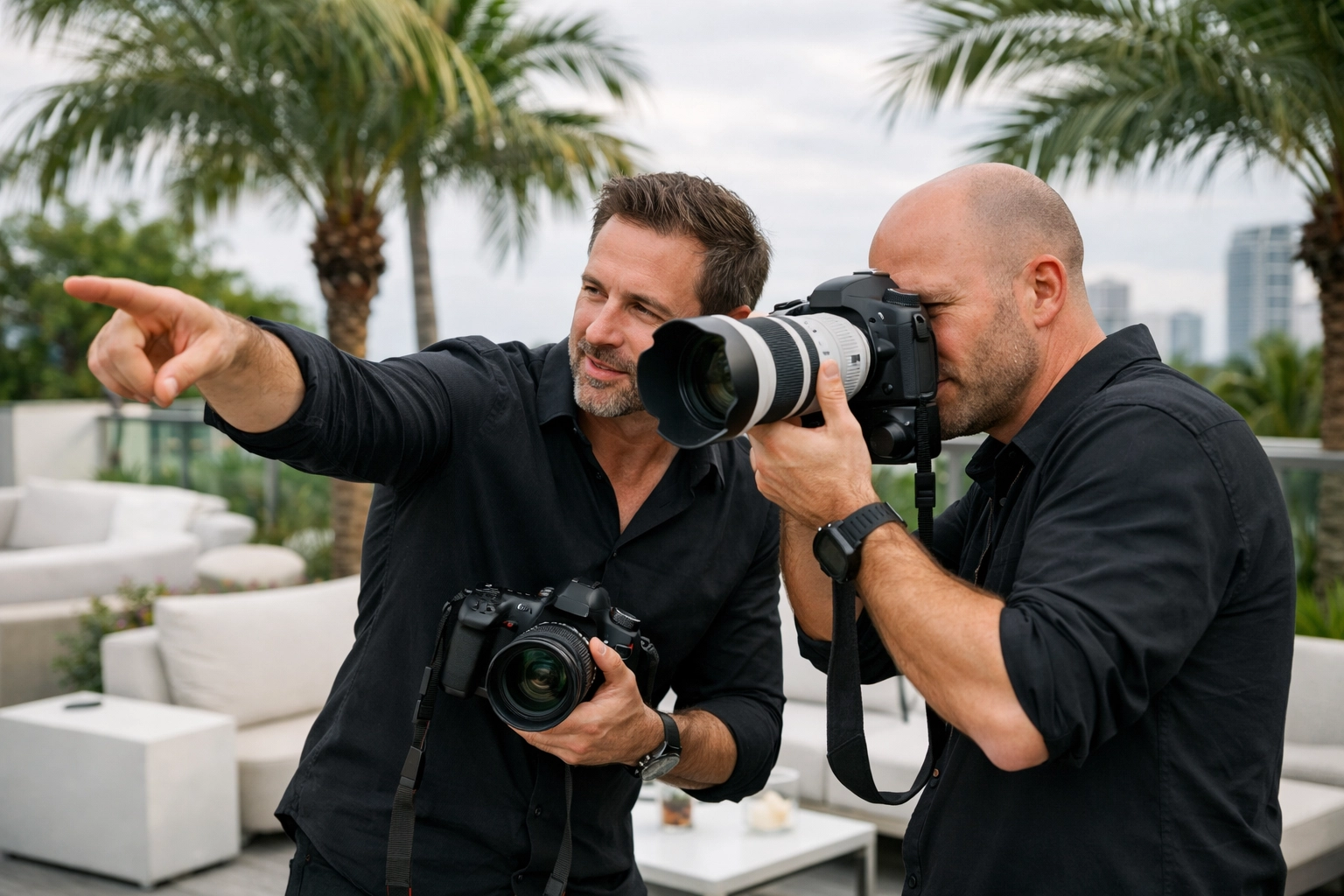 Miami event photographers collaborating with professional camera gear on a tropical rooftop.