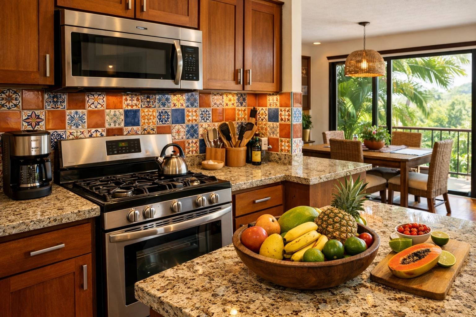 Fully equipped kitchen in Puerto Vallarta rental condo with oven and granite countertops