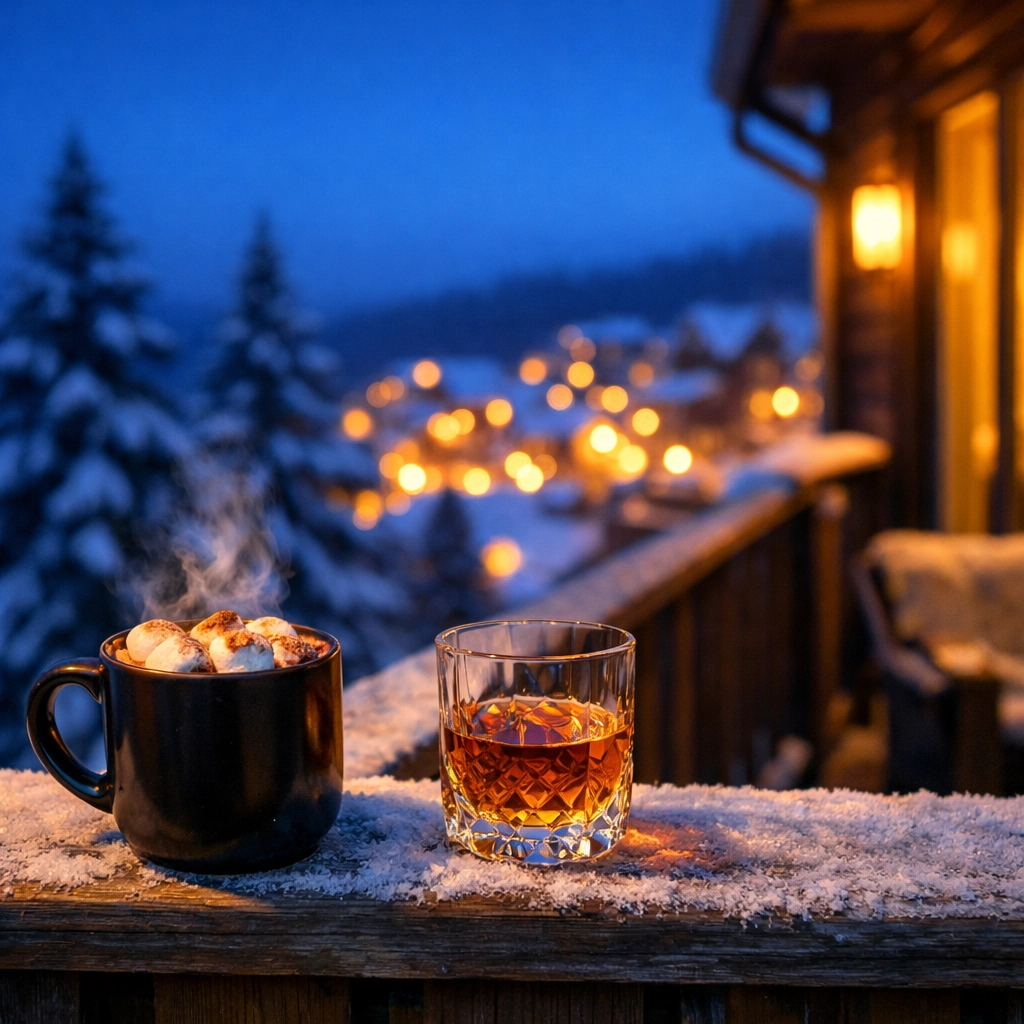 Après-ski drinks on a private Highland House balcony overlooking the lights of Snowshoe Village.