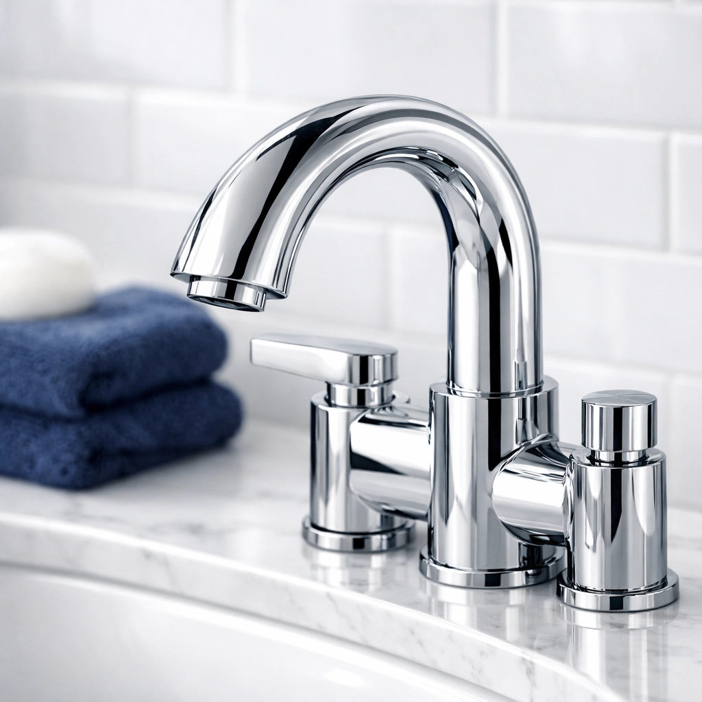 Spotless chrome bathroom faucet reflecting high standards of professional house cleaning in Stow, MA.