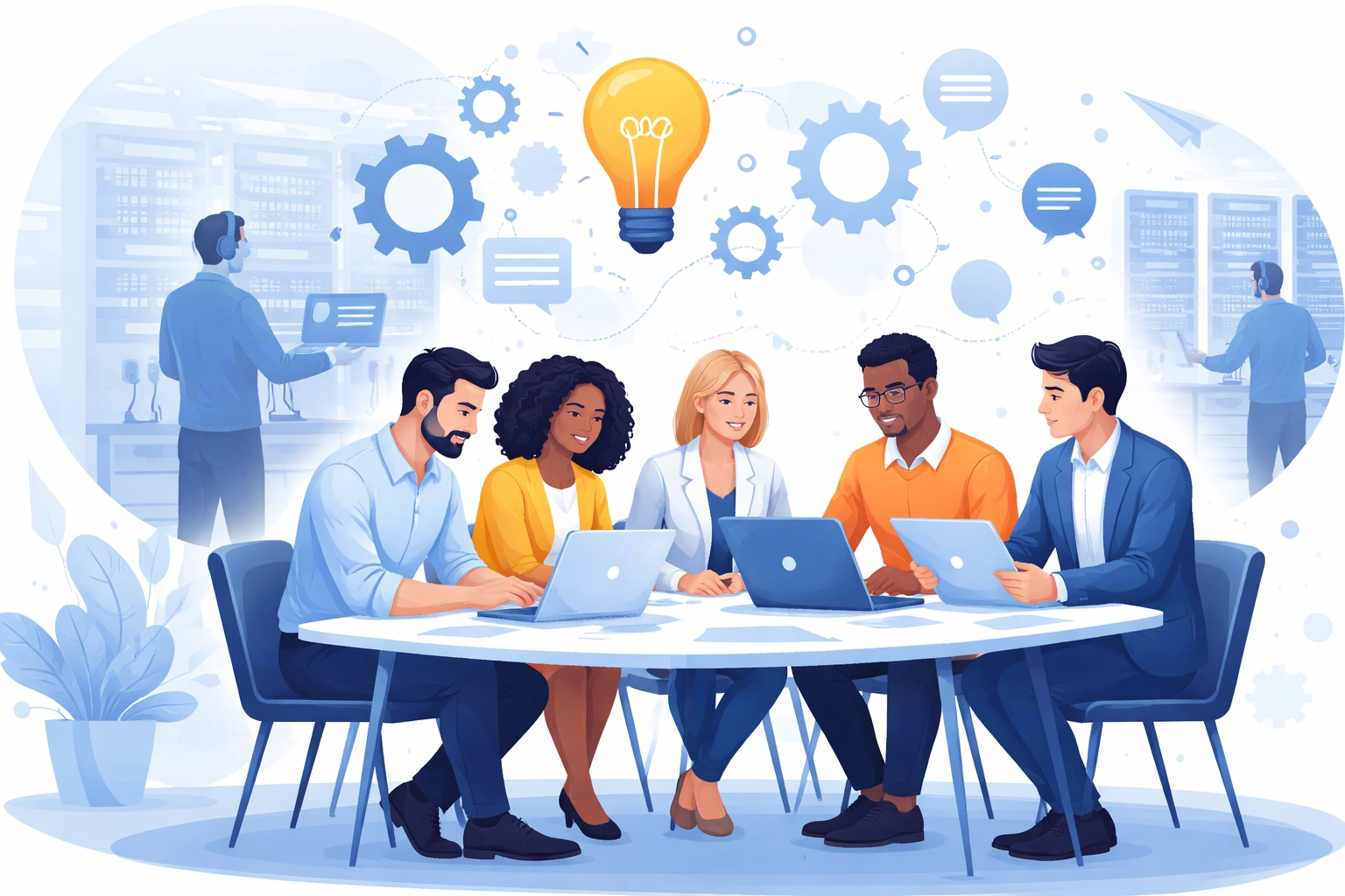 Team collaborating efficiently with IT support in the background, showing increased productivity from managed IT services