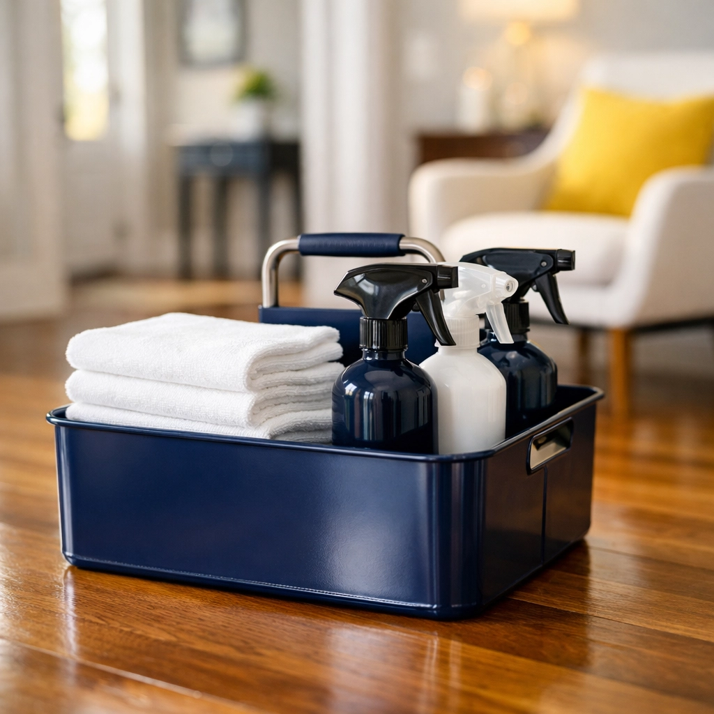 Professional cleaning supplies on a clean hardwood floor for house cleaning Townsend MA.
