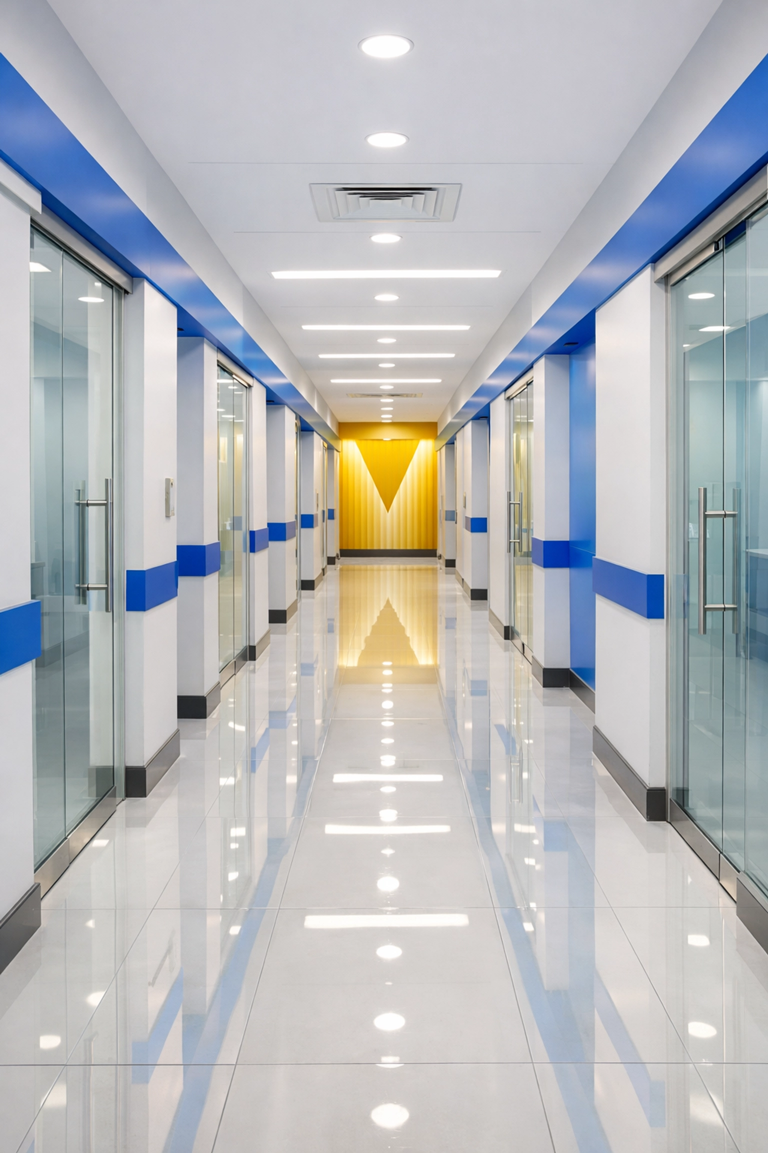 Sanitized and gleaming commercial hallway in a Bourne professional building with reflective tile floors.