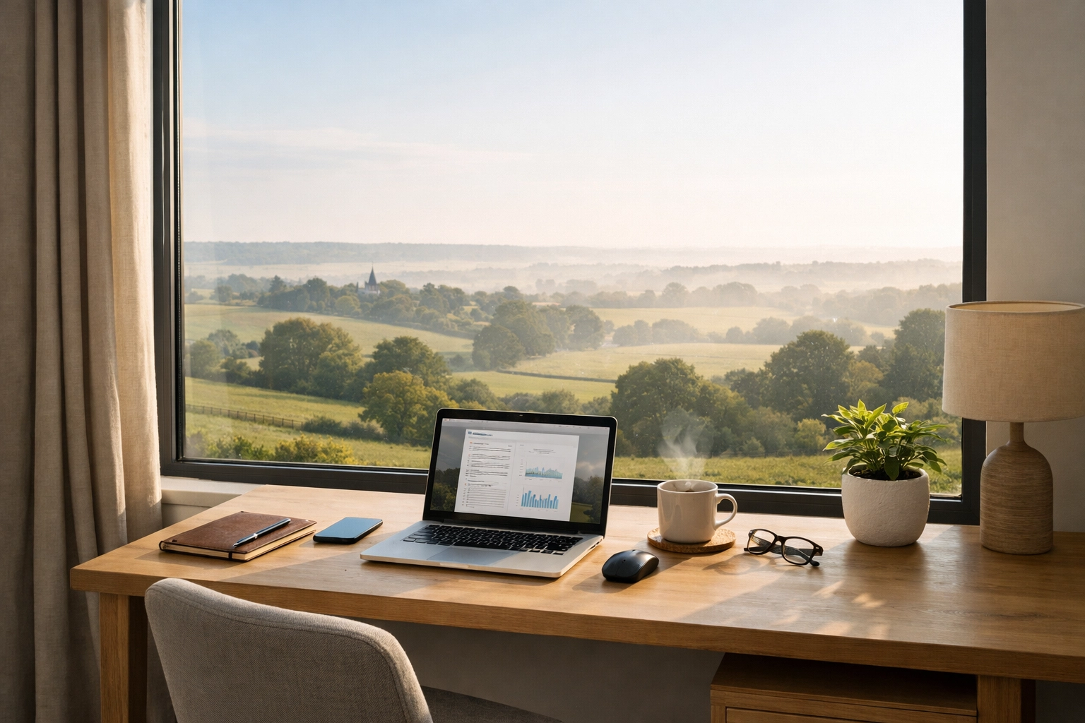 Professional working remotely at desk overlooking Kent countryside
