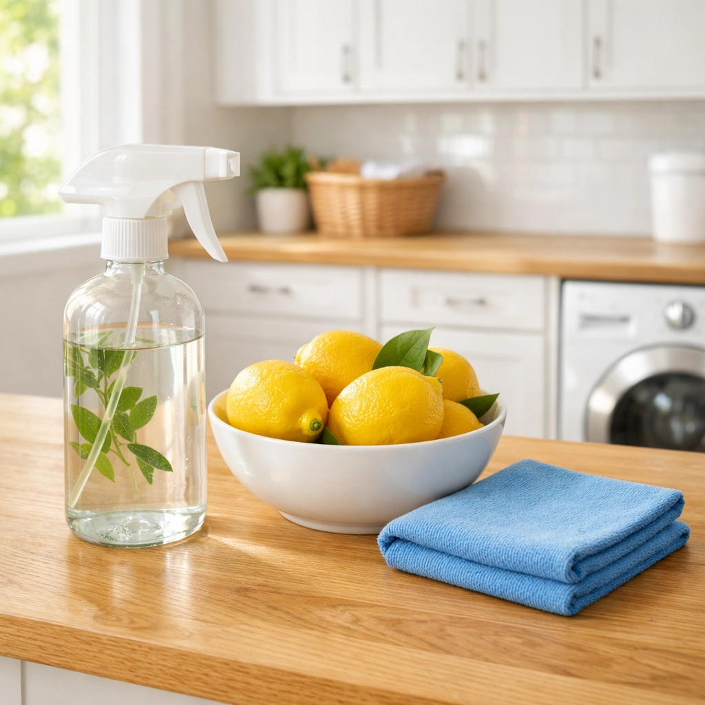 Eco-friendly deep cleaning services supplies including fresh lemons and non-toxic sprays in a bright home.