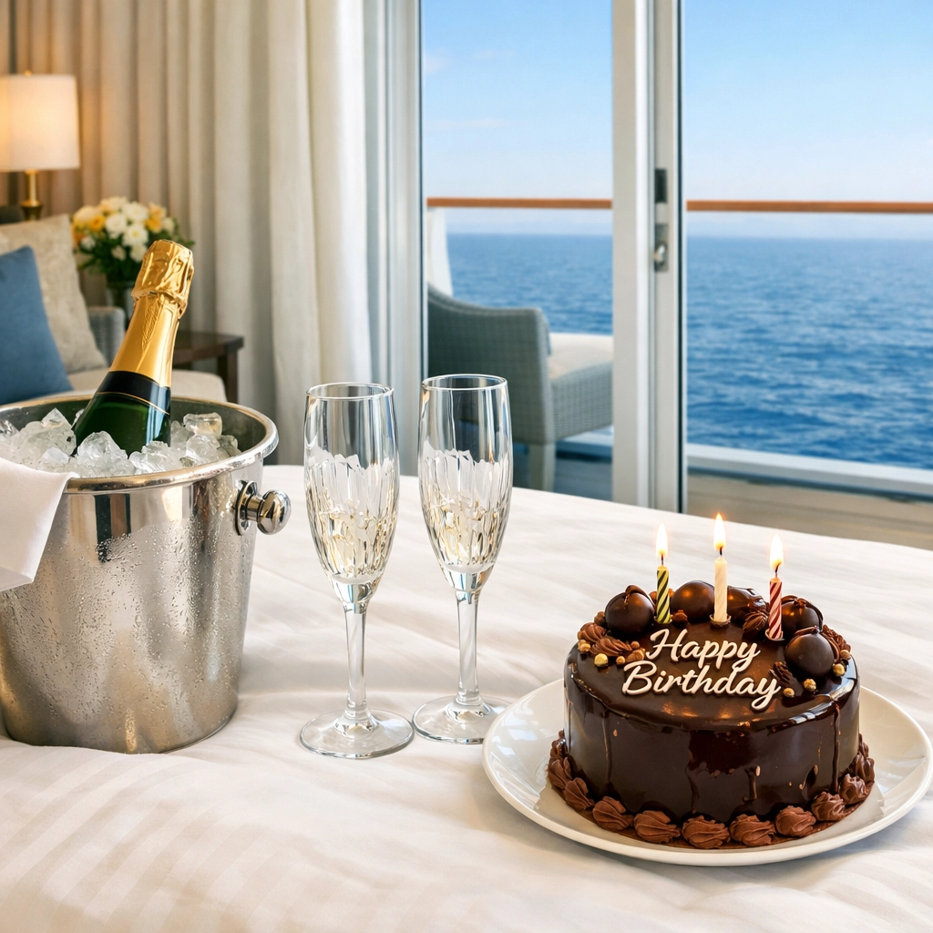 Champagne and birthday cake in a luxury cruise stateroom overlooking the deep blue sea.