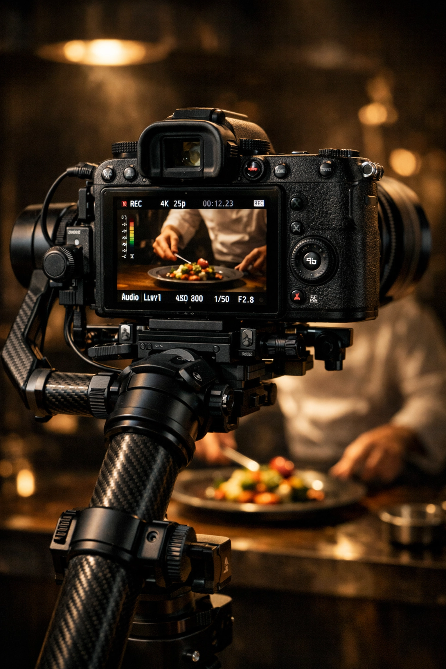 Close-up of a hybrid camera on a gimbal filming a professional culinary scene in a kitchen.
