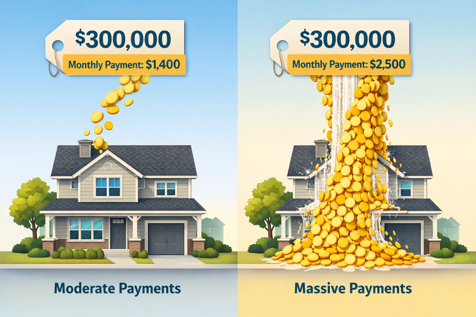 Two houses showing visual comparison of total mortgage interest paid at different 2026 rate levels