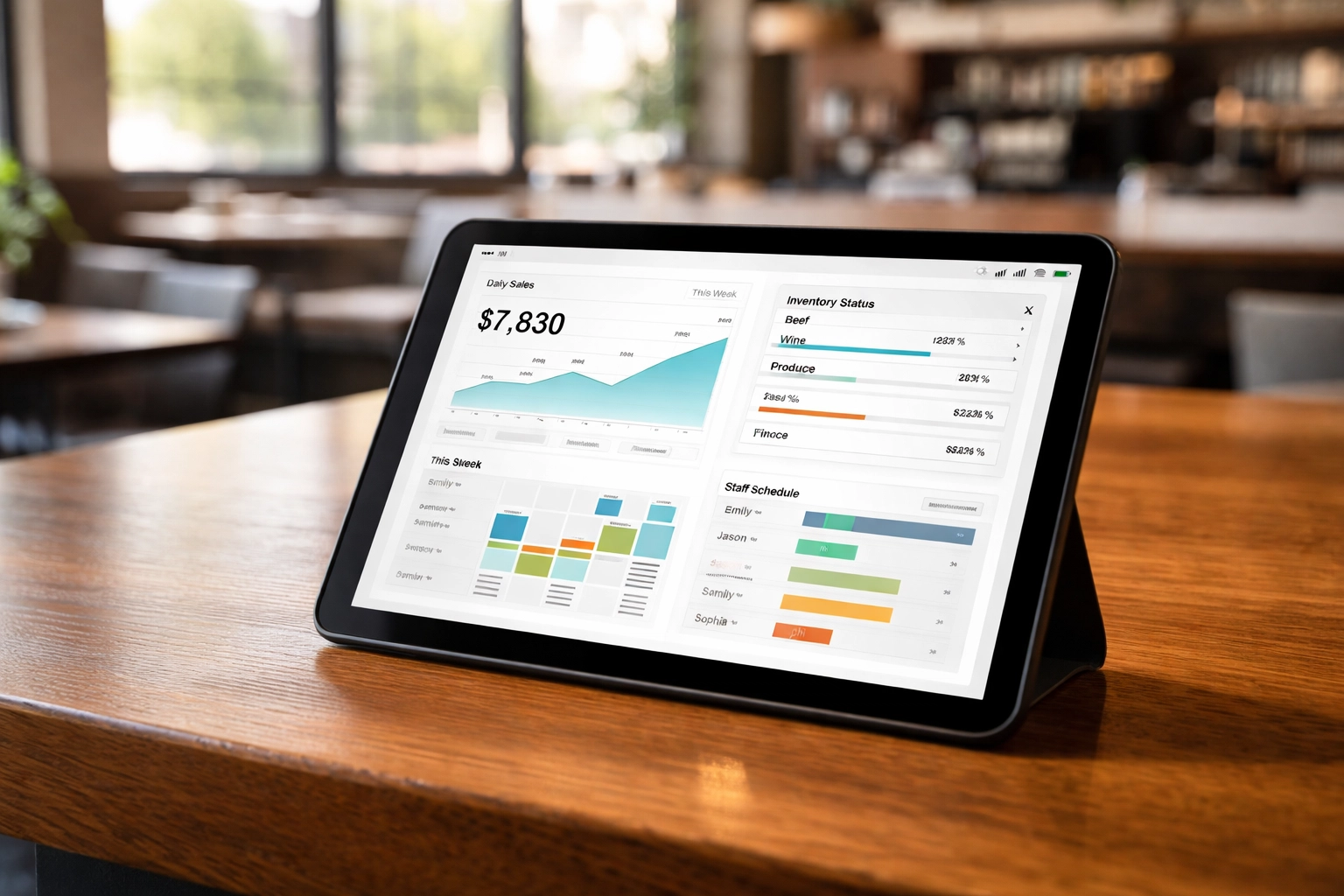 Tablet displaying unified restaurant management dashboard with sales and scheduling data
