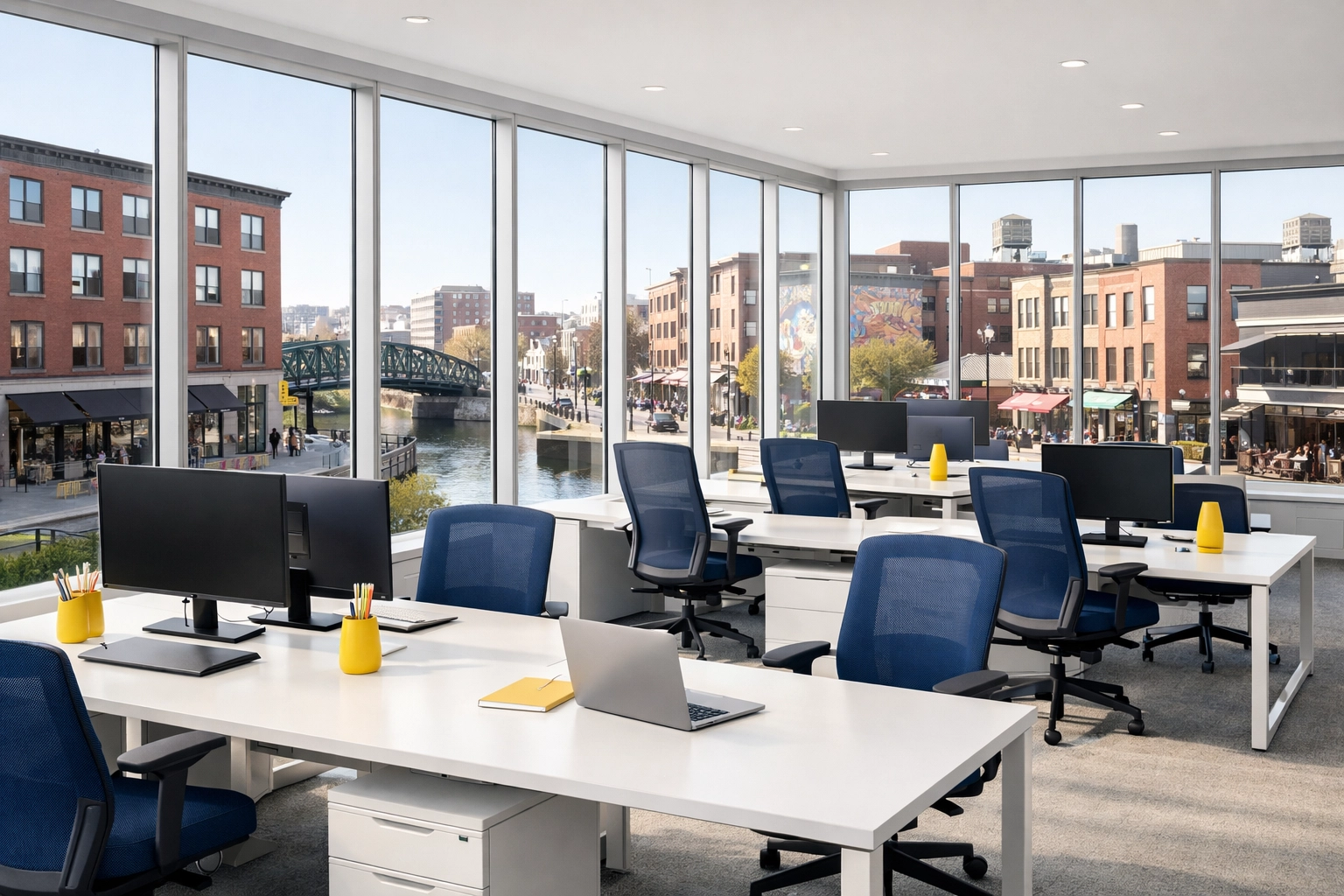 Modern office cleaning Worcester standards in a clean open-plan workspace near the Canal District.