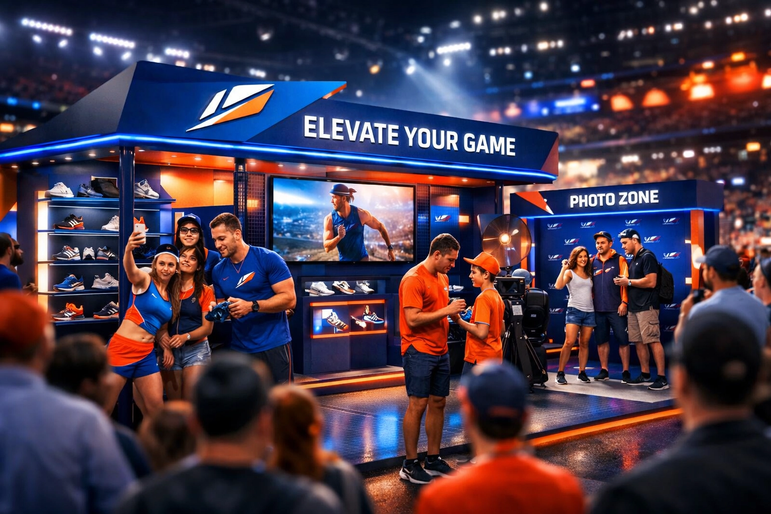 Fortune 1000 brand activation booth with athletes engaging fans at Super Bowl experiential event