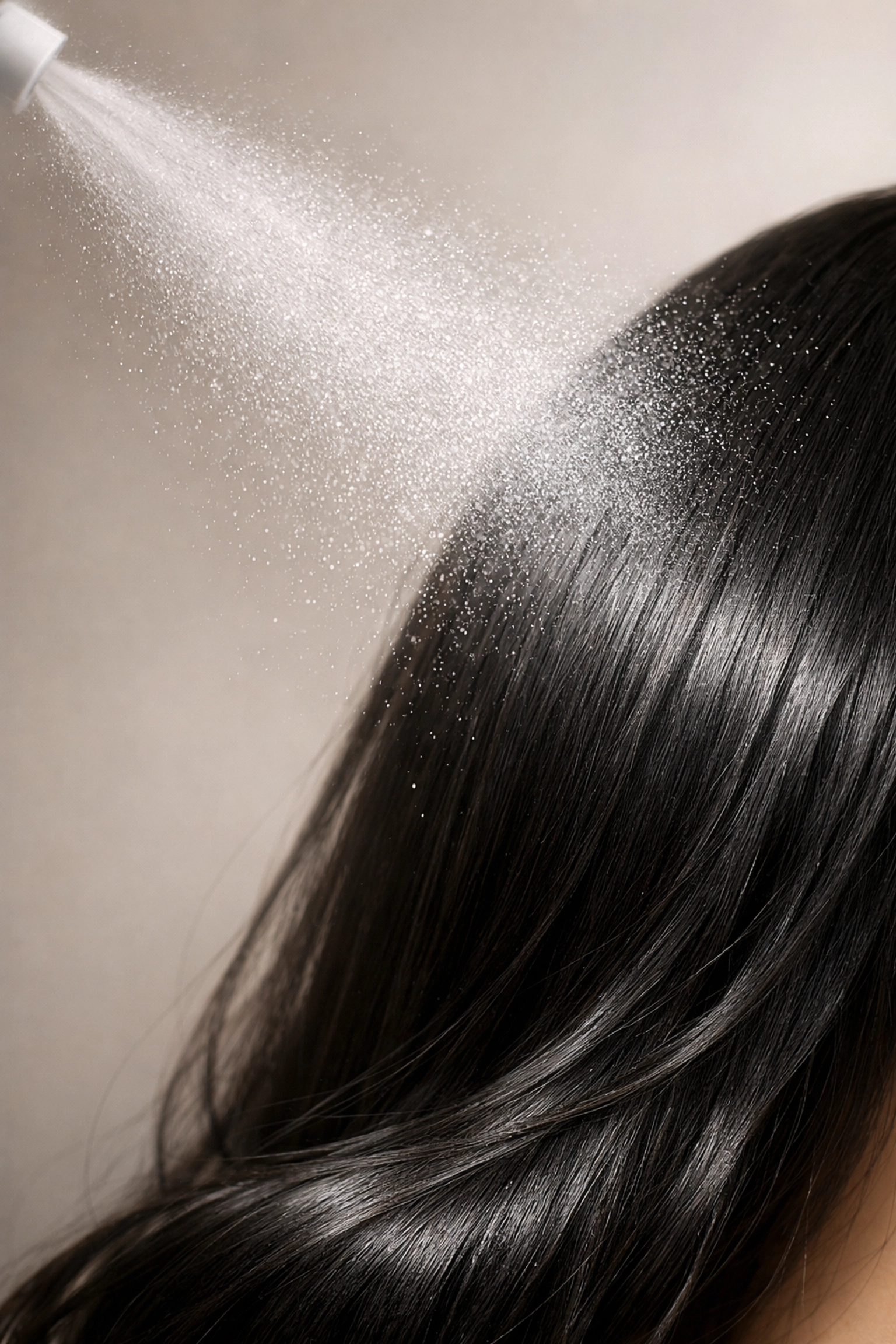 Applying heat protectant spray to dark hair for a healthy, salon-fresh glow and damage prevention.