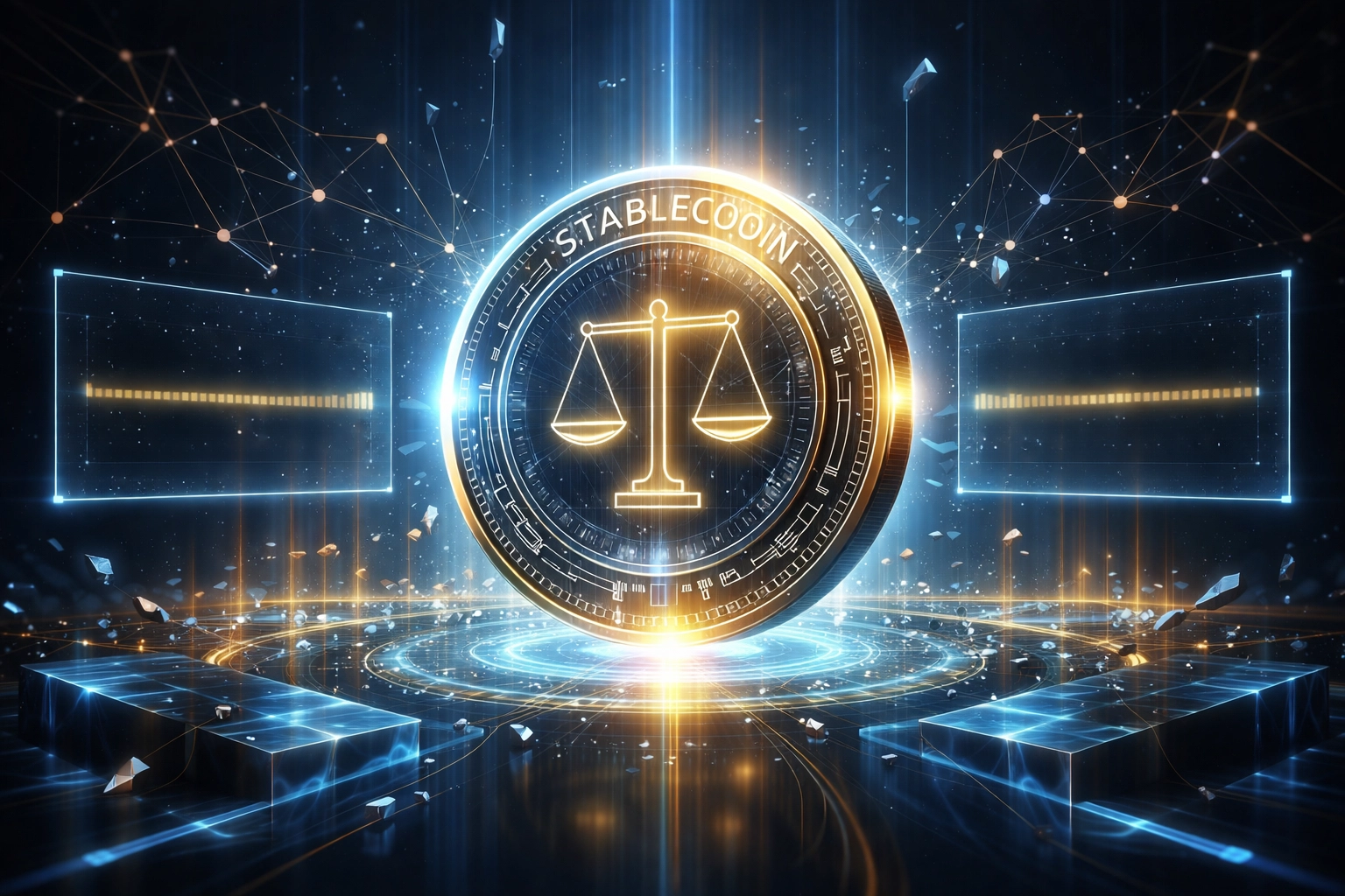 Digital stablecoin floating among holographic price charts, symbolizing LUSD stability and secure Web3 payments.