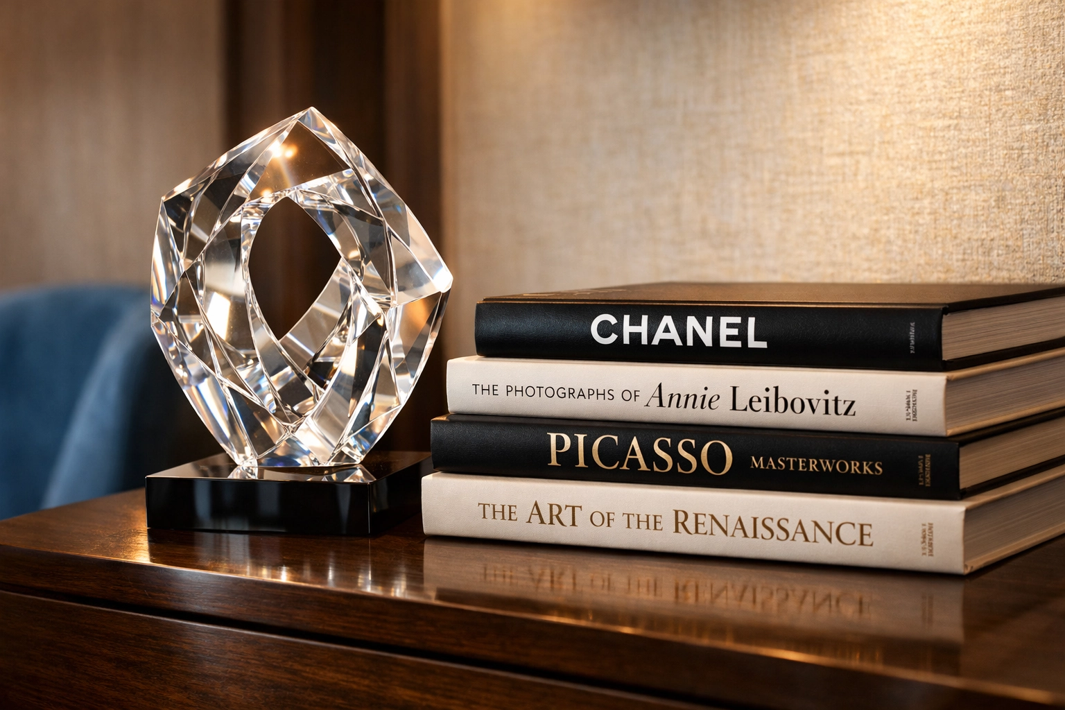 Detailed view of a dust-free bookshelf and art pieces maintained by luxury house cleaning in Andover.