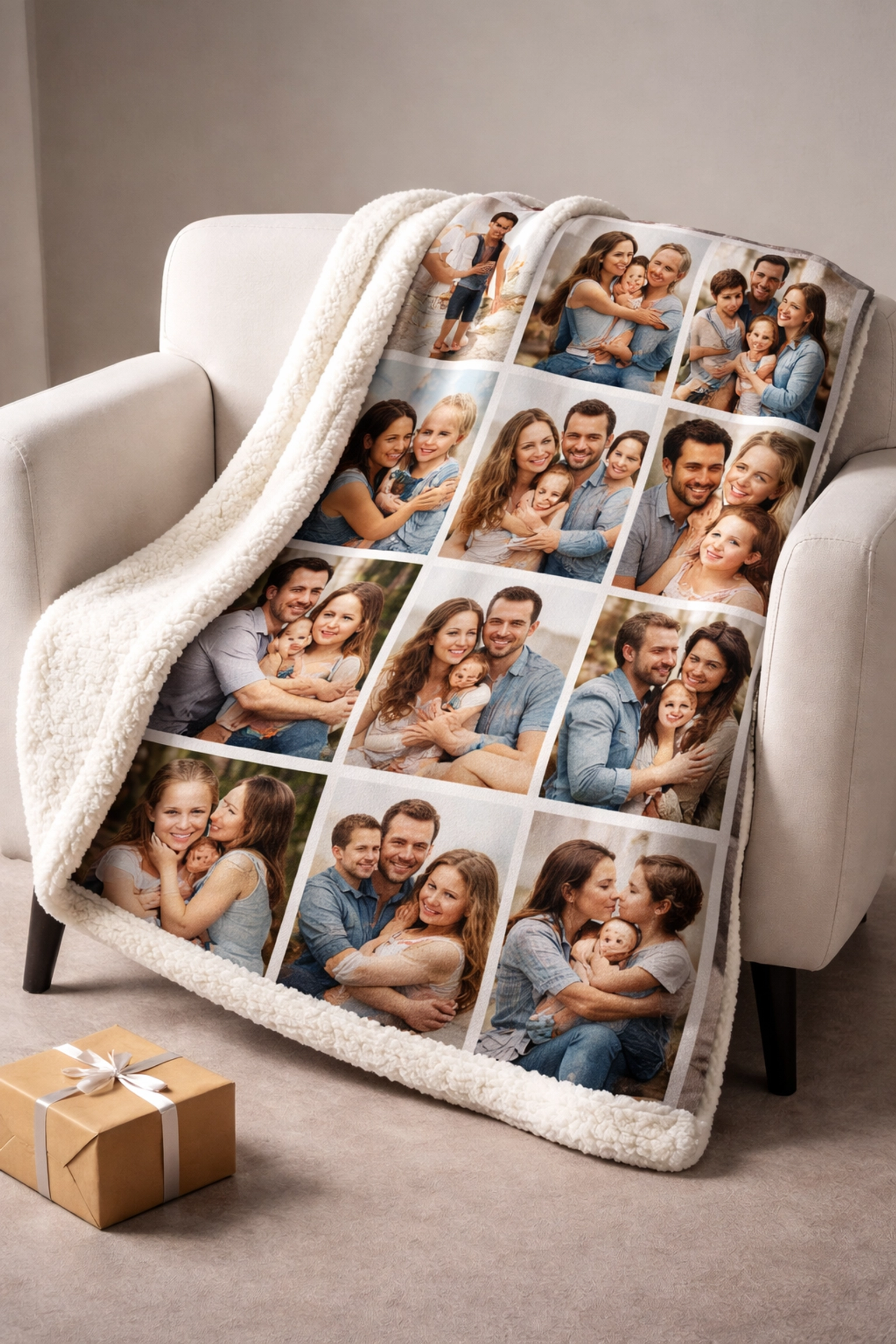 Custom sherpa blanket with family photo collage draped on a chair, ideal for personalized birthday gifts