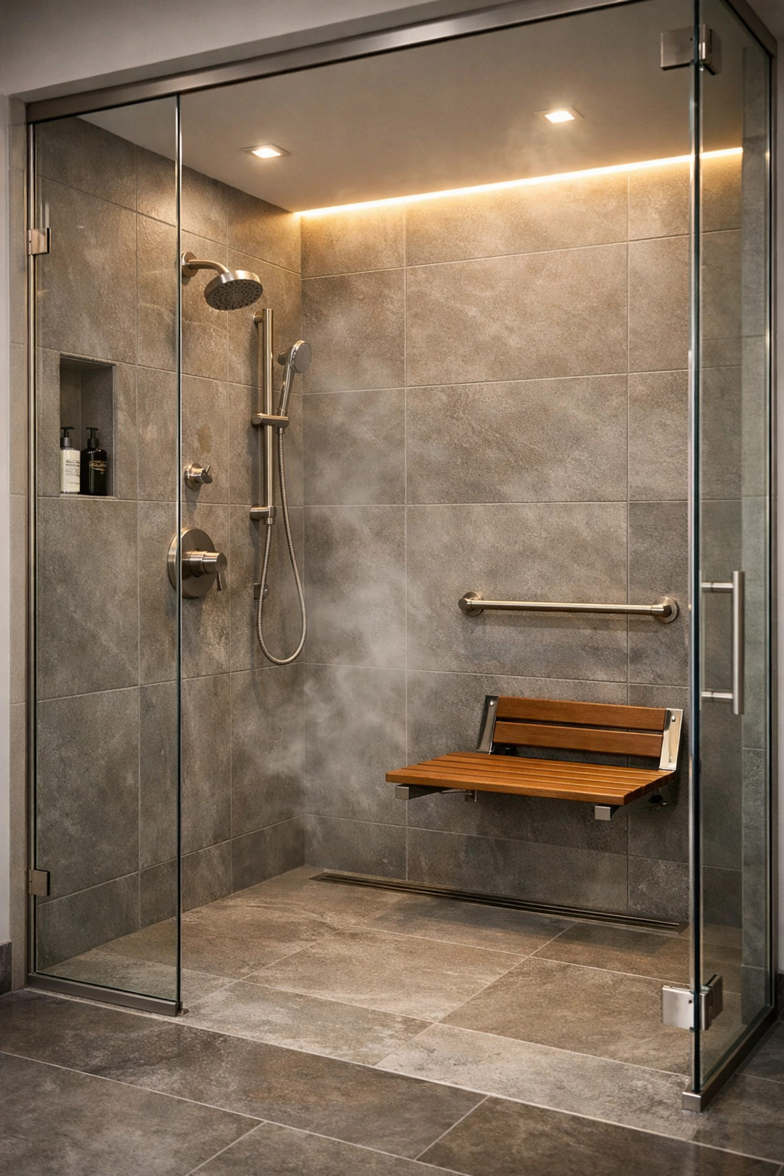 Walk-in shower with accessibility features for bathroom renovation Orlando homes